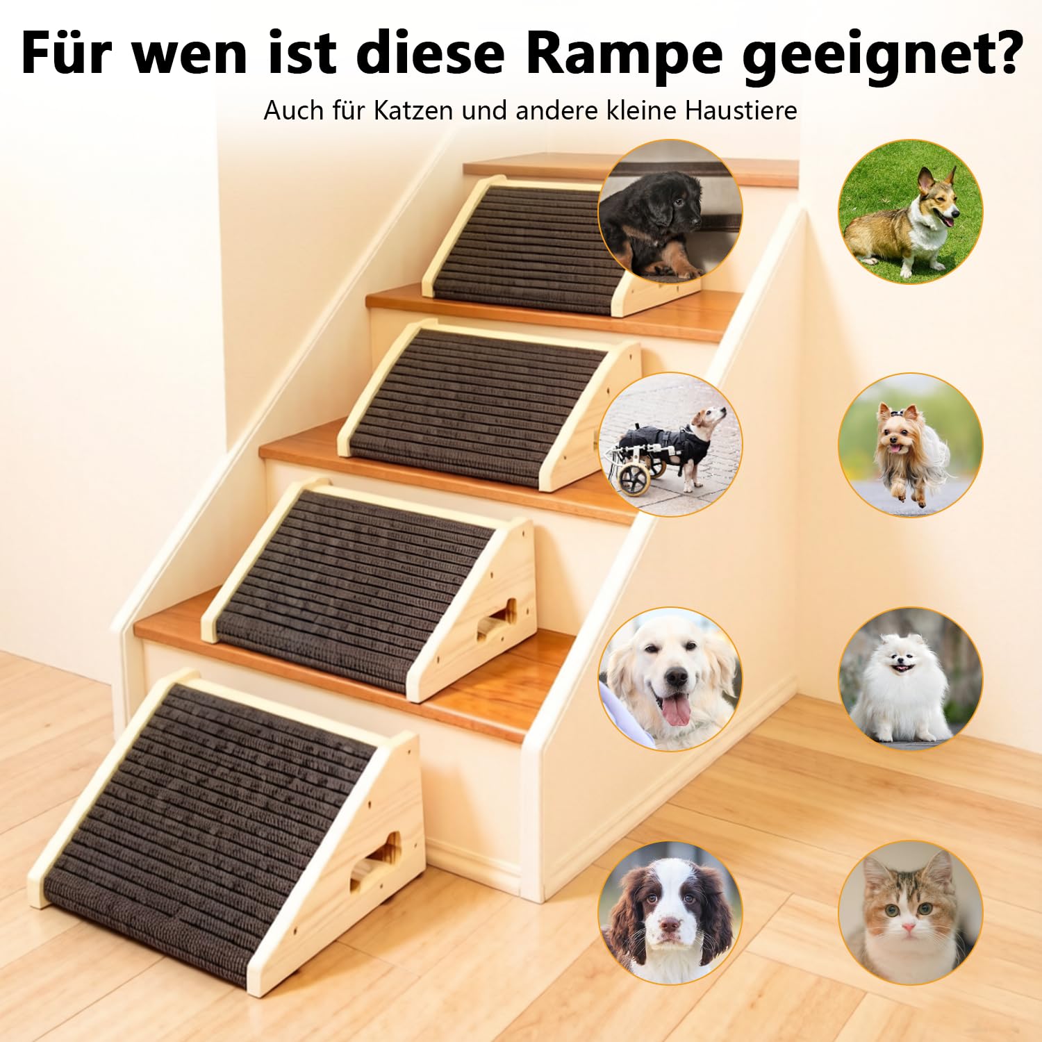 4 Stück Hunderampen für Treppen, Hundetreppe Holz mit Rutschfester Trittmatte, Treppenstufen Haustiertreppe für kleine Hunde und Katzen, Haustierstufen für ältere oder Verletzte Haustiere