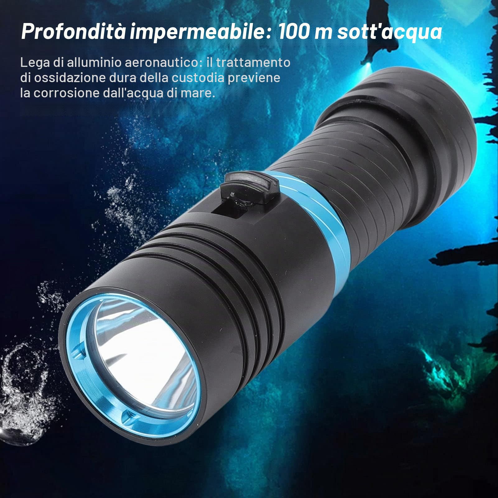 Haofy Torcia Subacquea, Torcia LED Subacquea Impermeabile, Torcia Subacquea 5000LM Luce Subacquea Subacquea per Pesca Notturna Grotta di Mare Profondo, Luce Bianca