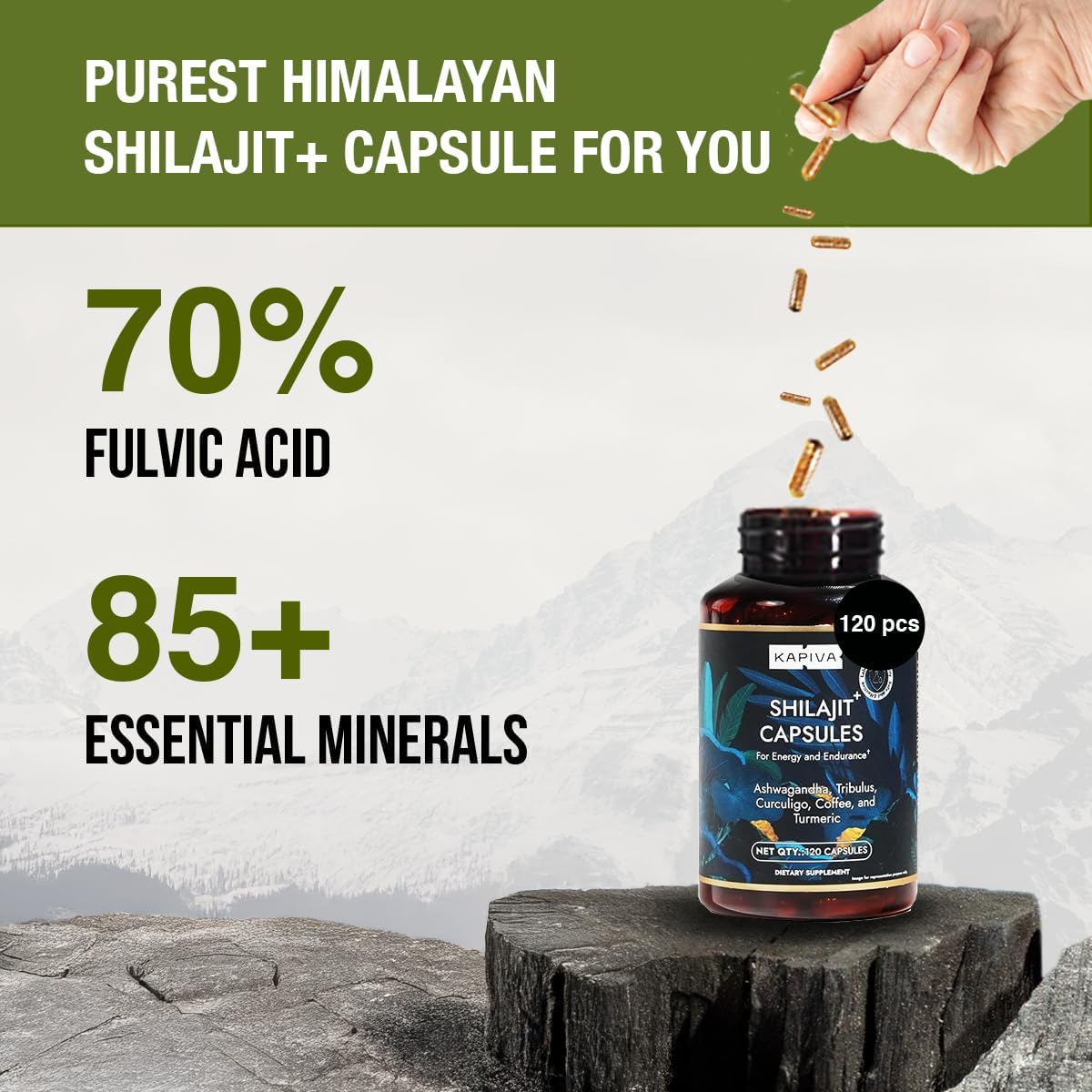 Organic Himalayan Shilajit Resin Extract with Ashwagandha & Turmeric-400mg Max Potency, Lab Tested Pure Shilajit for Men & Women, 85+ Trace Minerals, Immune Support, Energy, 2 Month Supply-120 Capsule