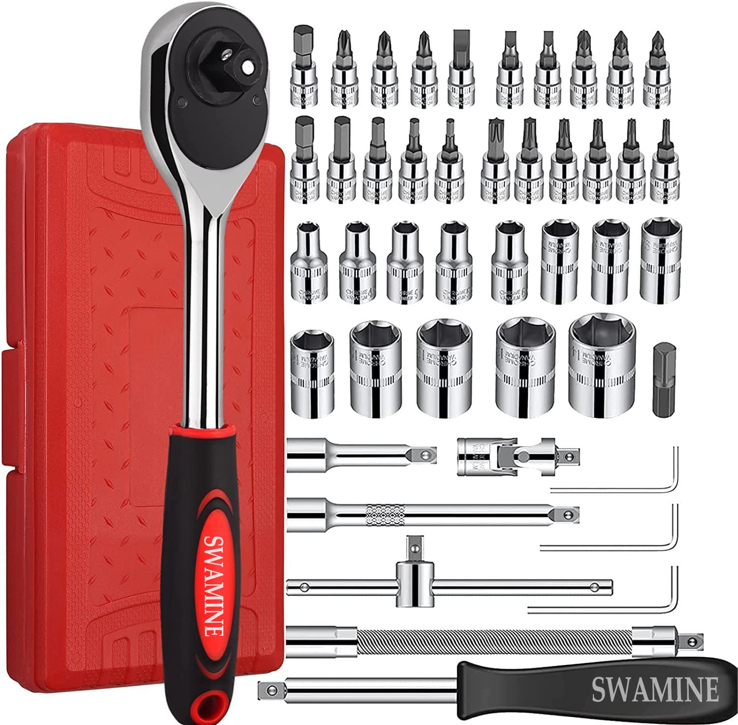 SWAMINE 46 PCS Socket Wrench Set and Screwdriver Mechanic Tool Kit Quick-release Ratchet, 1/4" Drive Bit Metric Combination Tools for Auto Repairing & Household with Storage Case (B0BY2V6L2S) Amazon Price History, Amazon Price Tracker