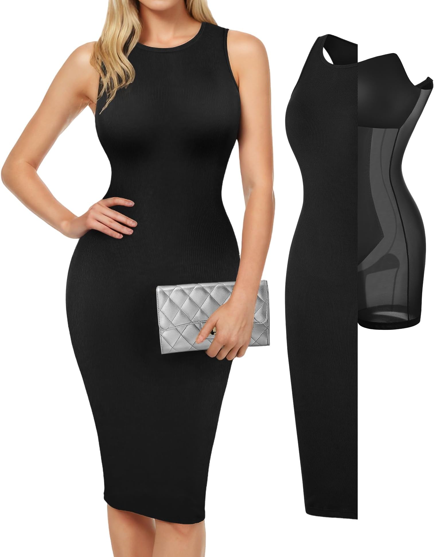 PopilushWomen's Bodycon Dress Ruched Sleeveless Slimming Shapewear Casual Club Evening Party Cocktail Midi Fall Dresses