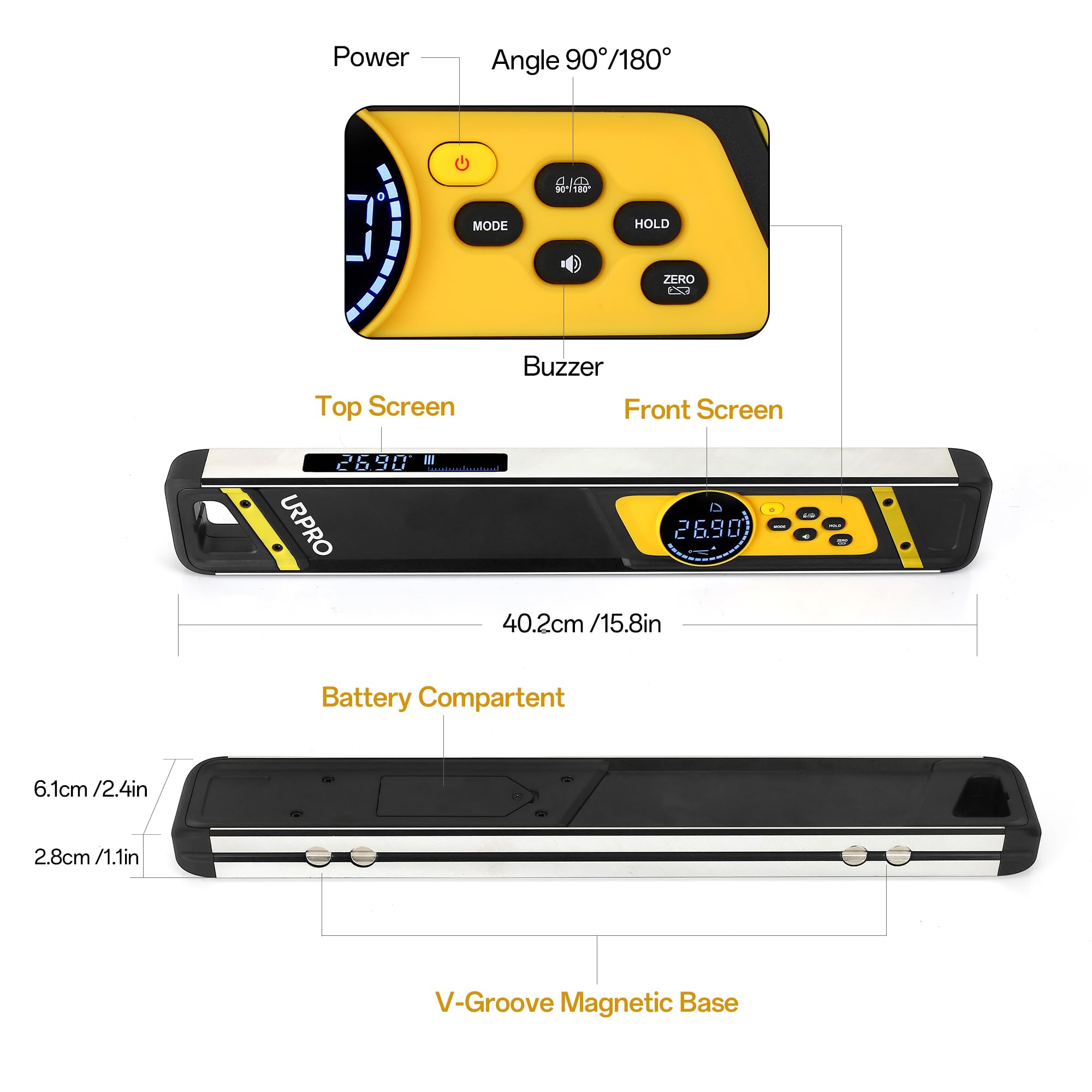 Inclinometro, Livello Torpedo Digitale e Goniometro Magneti al Neodimio Luminoso Display LCD Livello Intelligente IP54 Resistente alla Polvere/Acqua