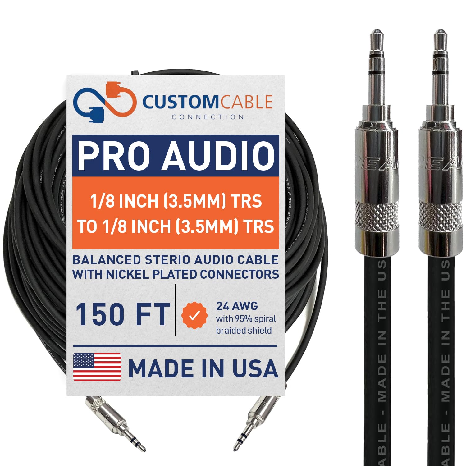Custom Cable Connection 150 Foot Pro Audio 1/8 inch (3.5mm) TRS to 1/8 inch (3.5mm) TRS Balanced Cable