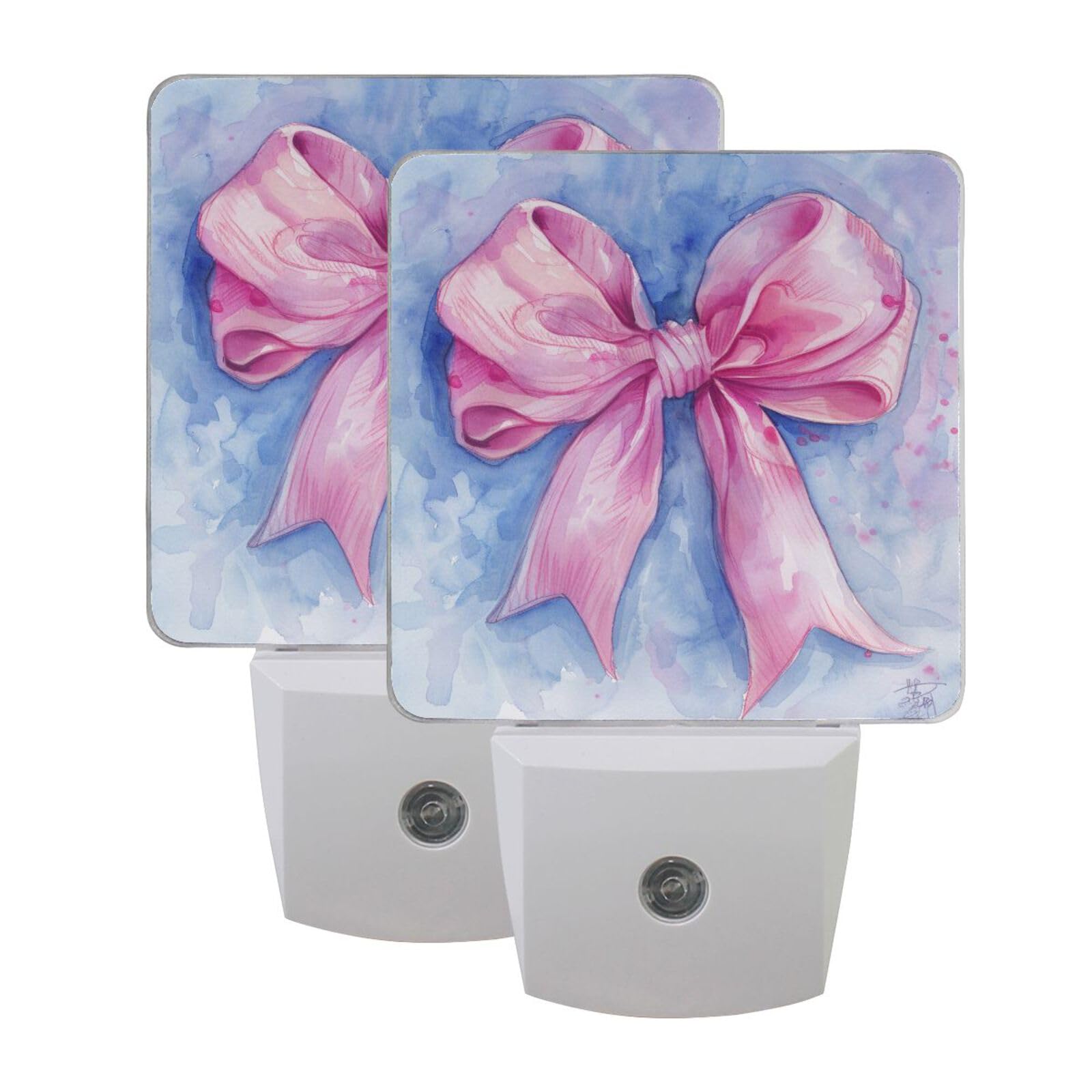 BOENLE Pink Bow Watercolor Night Lights 2 Pack Plug-in Wall Led Nightlight Auto Dusk-to-Dawn Sensor Lamps for Bedroom Kitchen Bathroom