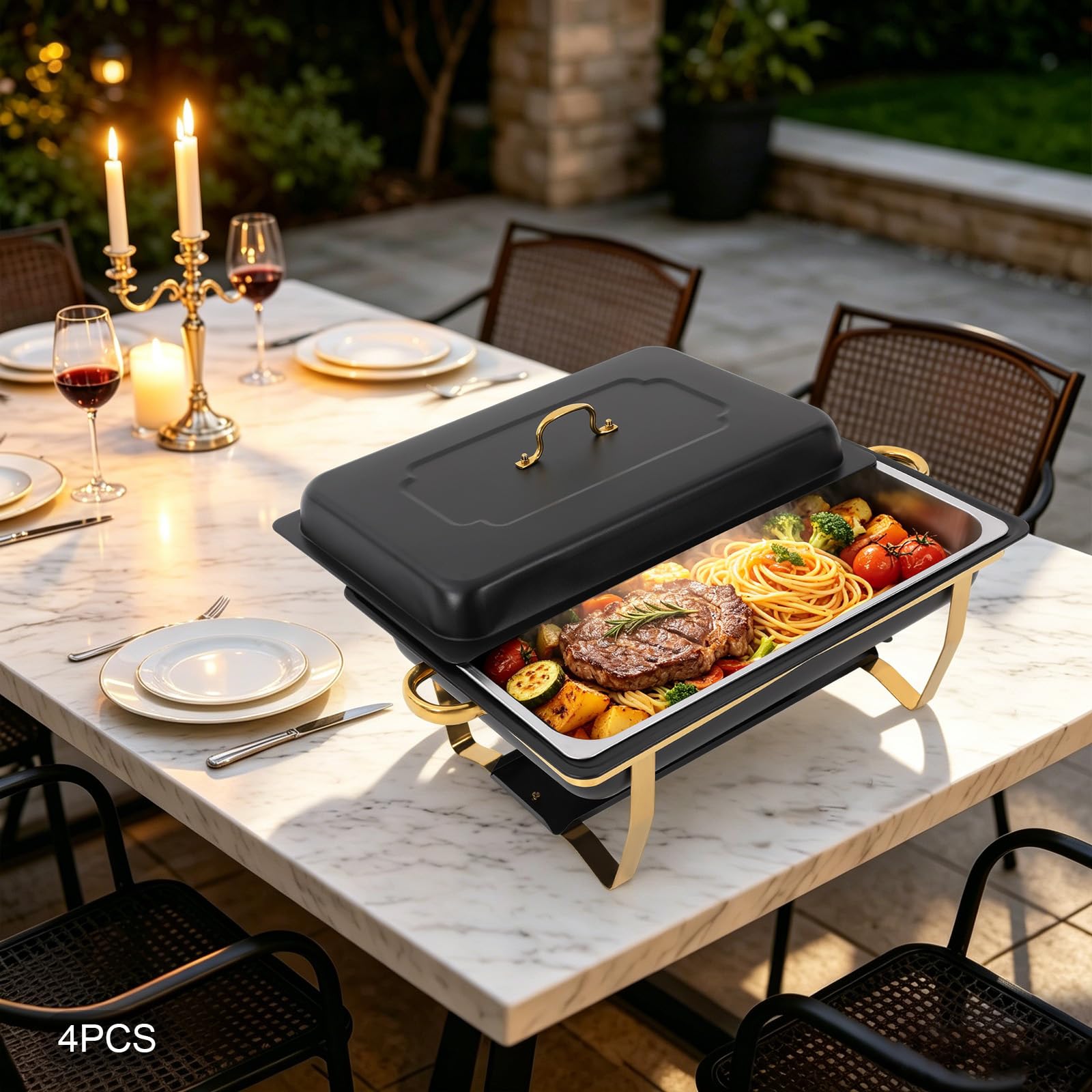 Chafing Dish zestaw pojemników do podgrzewania, zestaw 4 pojemników do podgrzewania potraw ze stali nierdzewnej, 2 x pojemniki GN 1/1, 2 x pojemniki GN 1/2 i 3 x pojemniki GN 1/3, podgrzewacz do