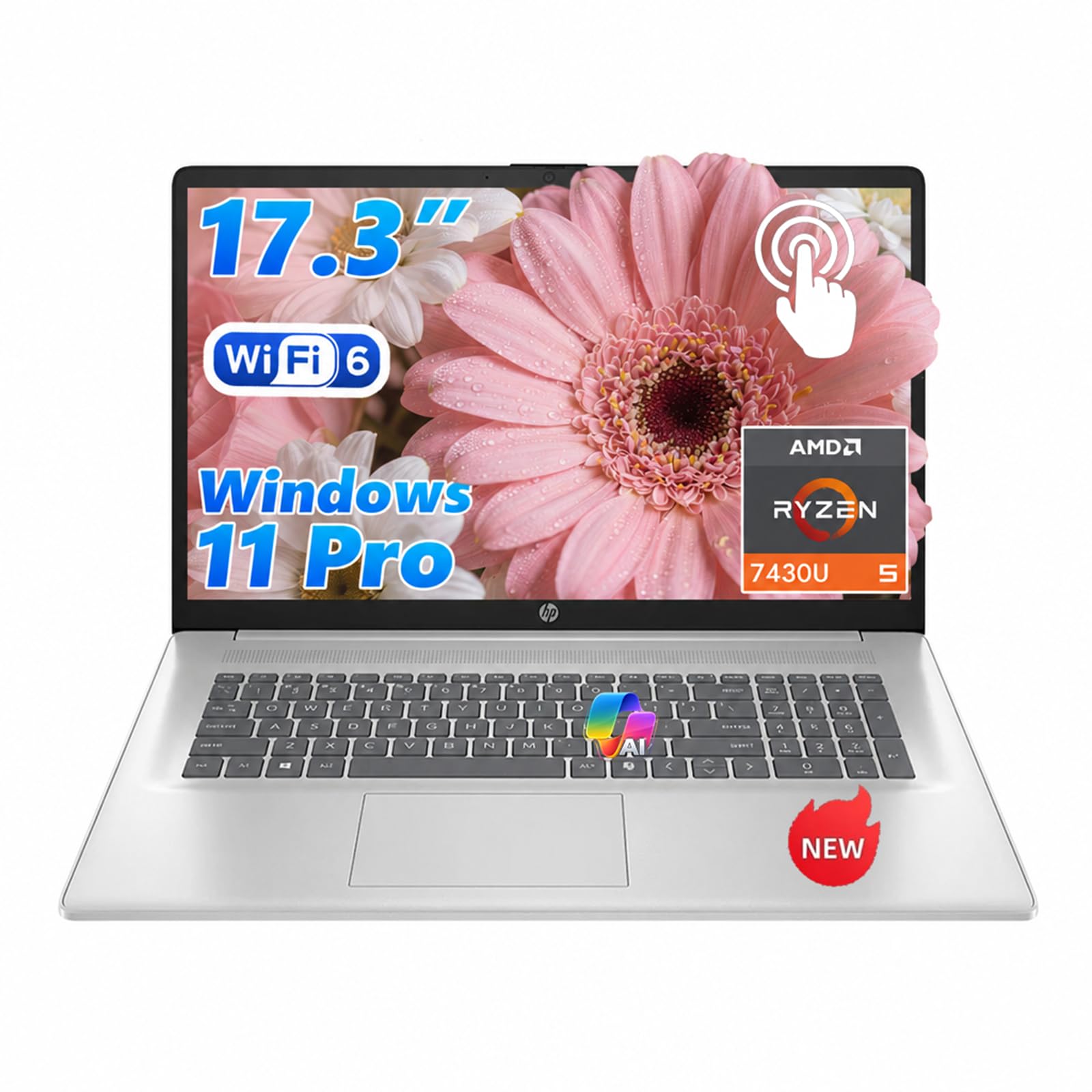 HP 17 Inch Touchscreen Laptop – AMD Ryzen 5 7430U 32GB RAM 1TB SSD W11 Pro | 17.3" HD+ Anti-Glare Display, Wi-Fi 6, Bluetooth 5.4, Fast Charge, AI Copilot – Laptop Windows 11 Pro for Business & Student