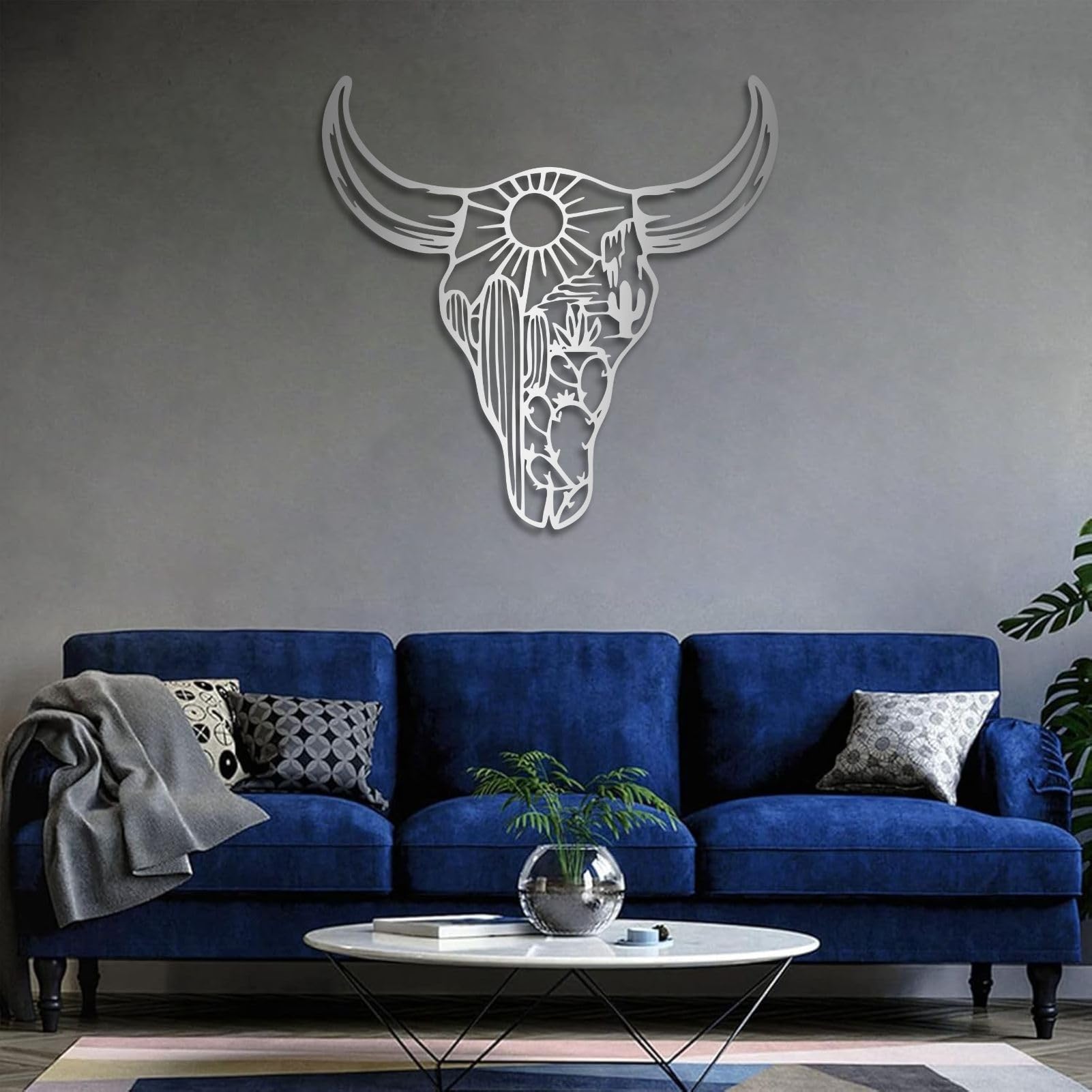 Dekoracja ścienna, metalowa krowa w stylu południowo-zachodnim, do salonu, łazienki, wewnątrz i na zewnątrz (biała, 120 x 120 cm)