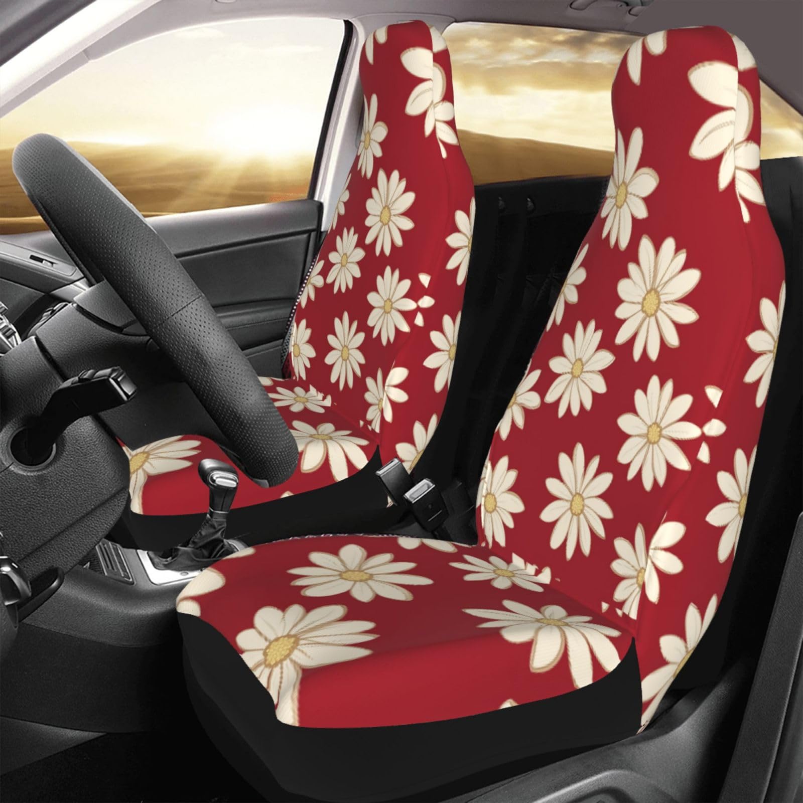 Mexpekil 2 coprisedili per auto, motivo margherita, colore beige, protezione completa per sedili auto, accessori per interni auto, per uomini e donne