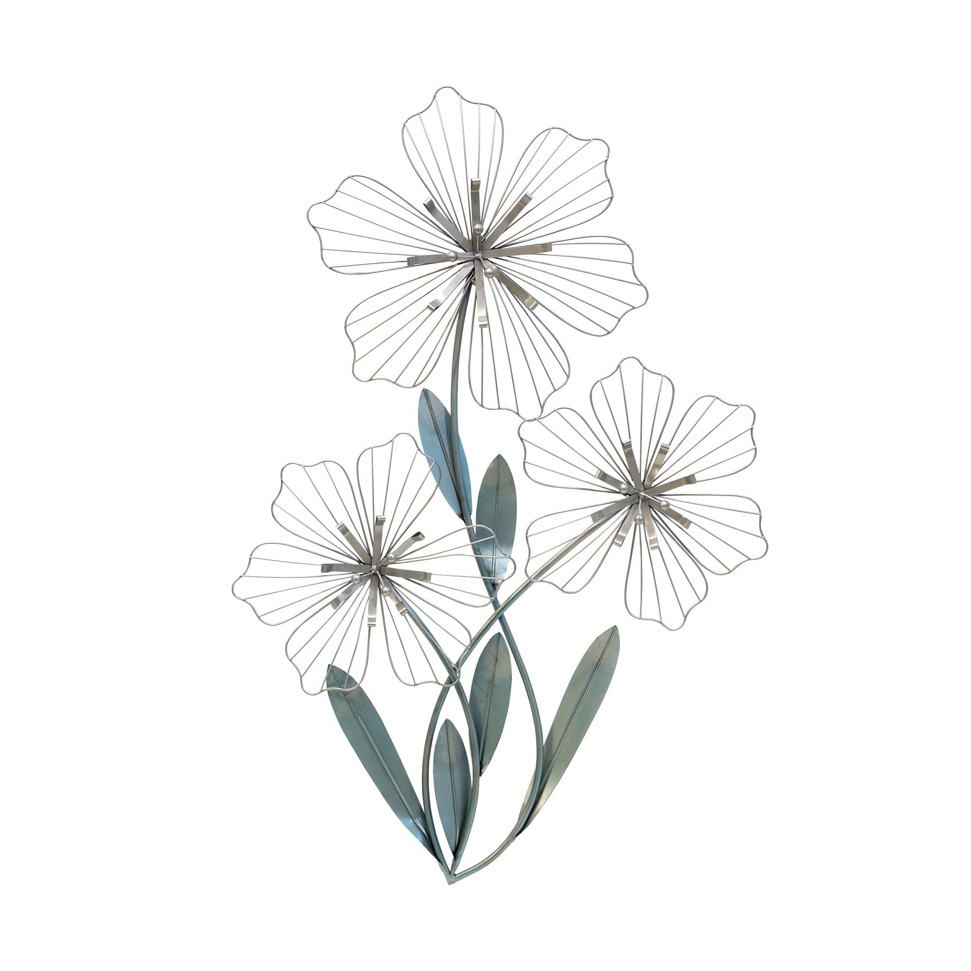 Stratton Home Decor SHD0198 Tri-Flower Wall Decor, 18.50 W X 1.38 D X 30.00 H, Silver and Blue