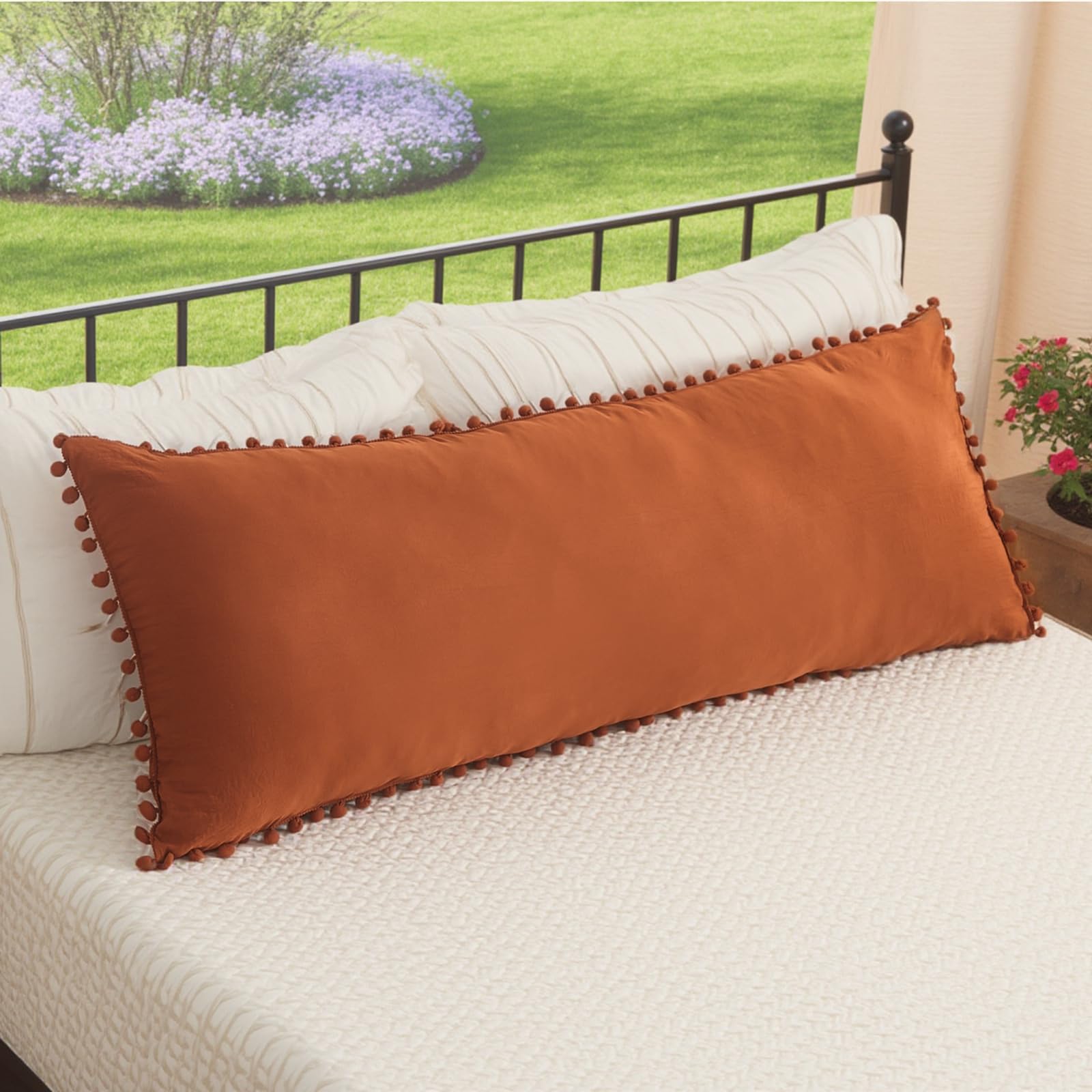 Burnt Orange Body Pillow Cover 20x54inches Boho Chic Pom Poms Fringe Decor Body Pillow Case Cover with Pocket Closure(Body,Rust)