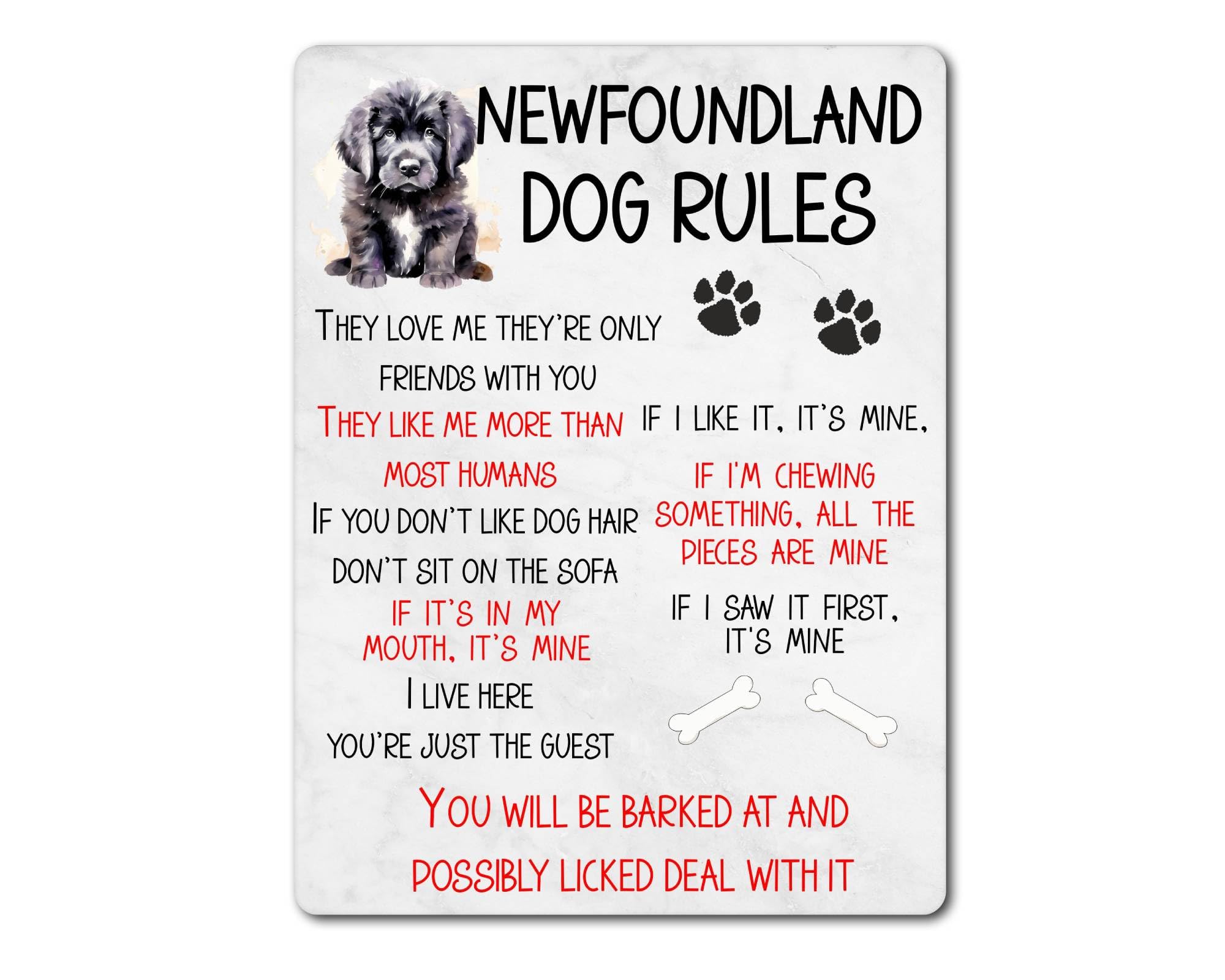 Decalarama Newfoundland Dog Metal Sign Gift – Newfoundland Rules – If I Like It It's Mine - Family Fun Pet Animal Novelty Aluminium Present