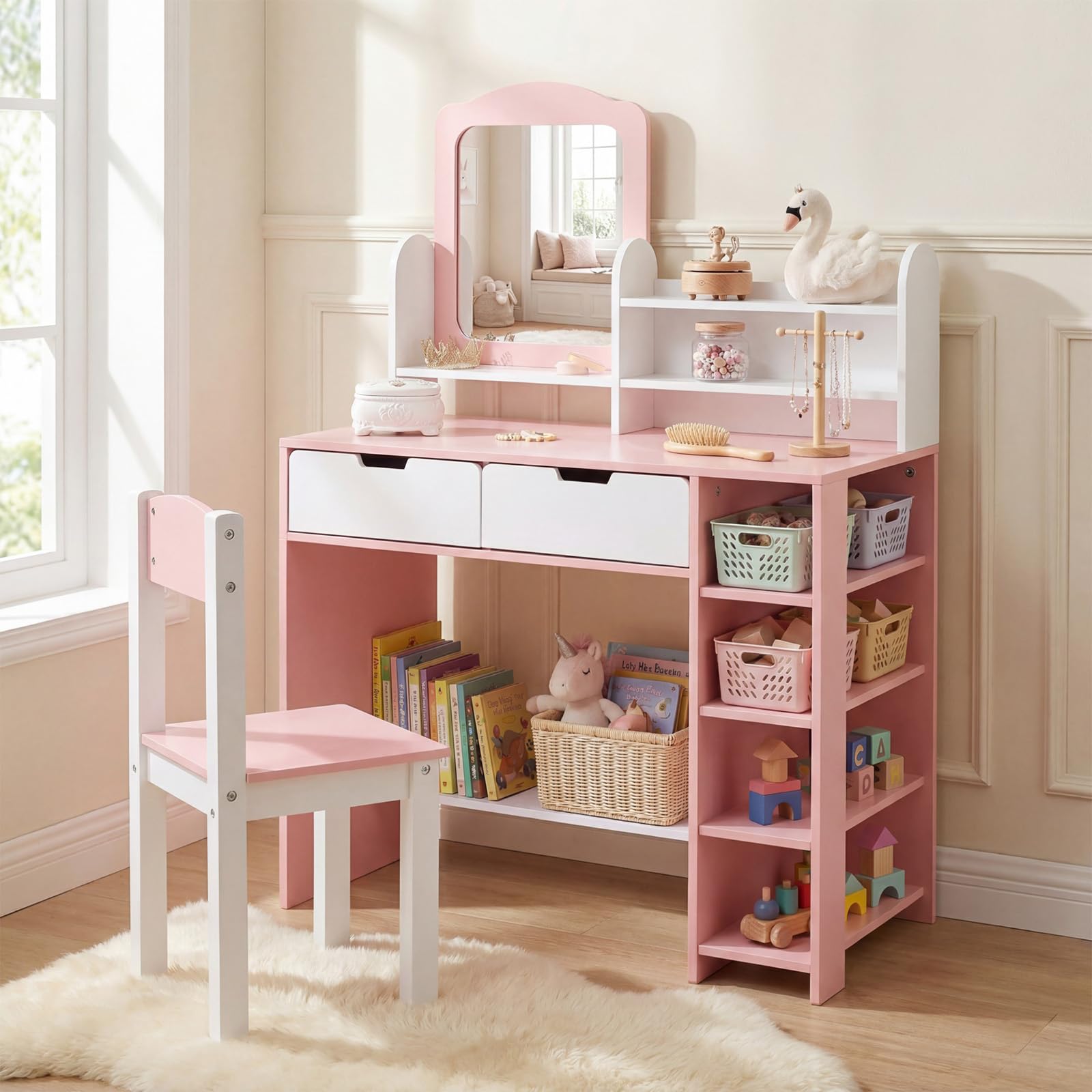 RELAX4LIFE Coiffeuse Enfant avec Miroir et Tabouret, Rangement Multiple