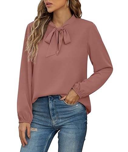 CZYINXIAN Womens Dressy Chiffon Blouse Business Work Casual Tie Neck Shirt Tops - Long Sleeve - Small - 01 Mauve