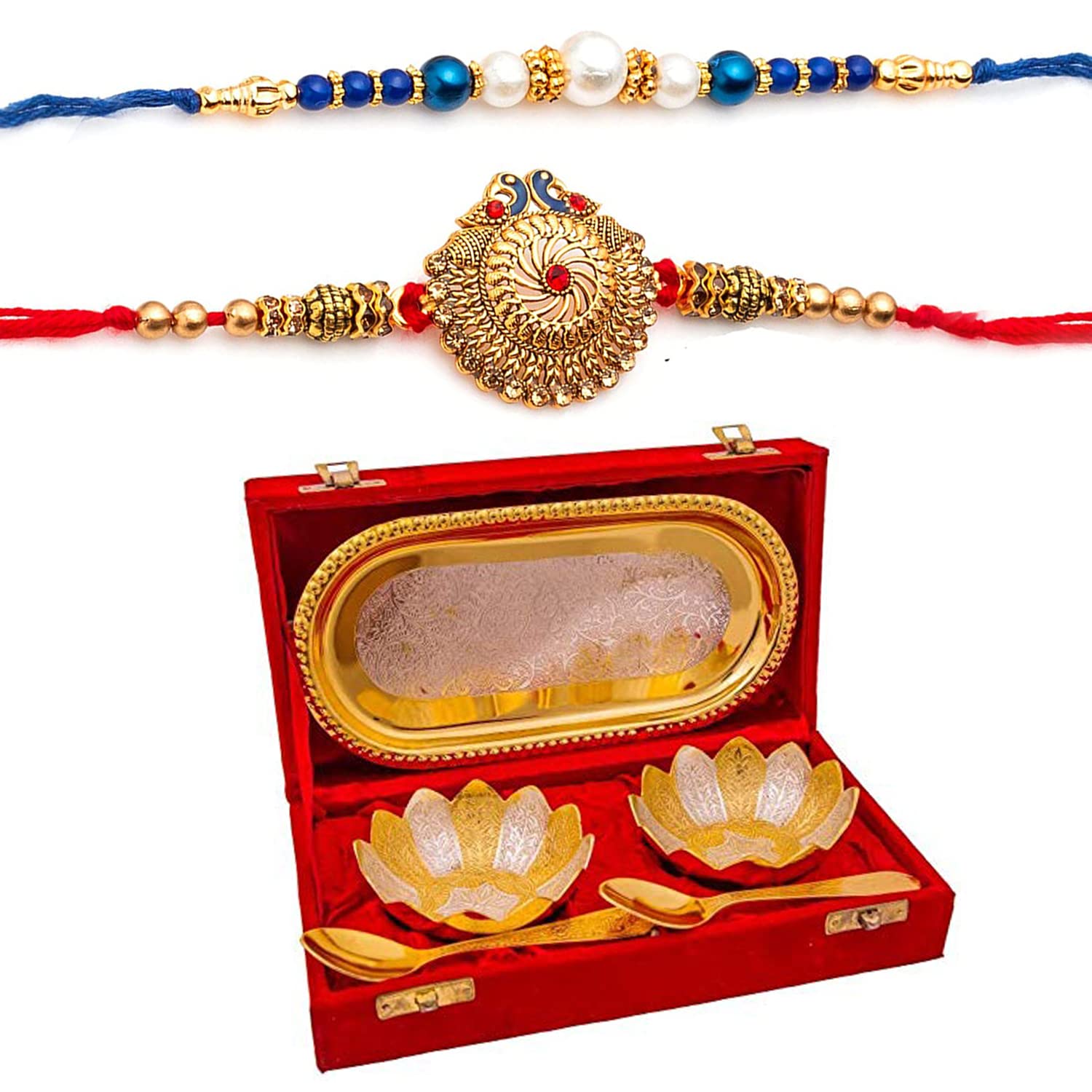 Premium Rakhi Gift Brother | Rakhi for Brother with Gift Silver Gold Plated Bowl Set | Handmade Beads Metal Peacock Rakhi for Bro/Brother/Bhaiya/Bhai (2 Rakhi with Double Bowl) (Silver) (B0B72CGHK2) Amazon Price History, Amazon Price Tracker