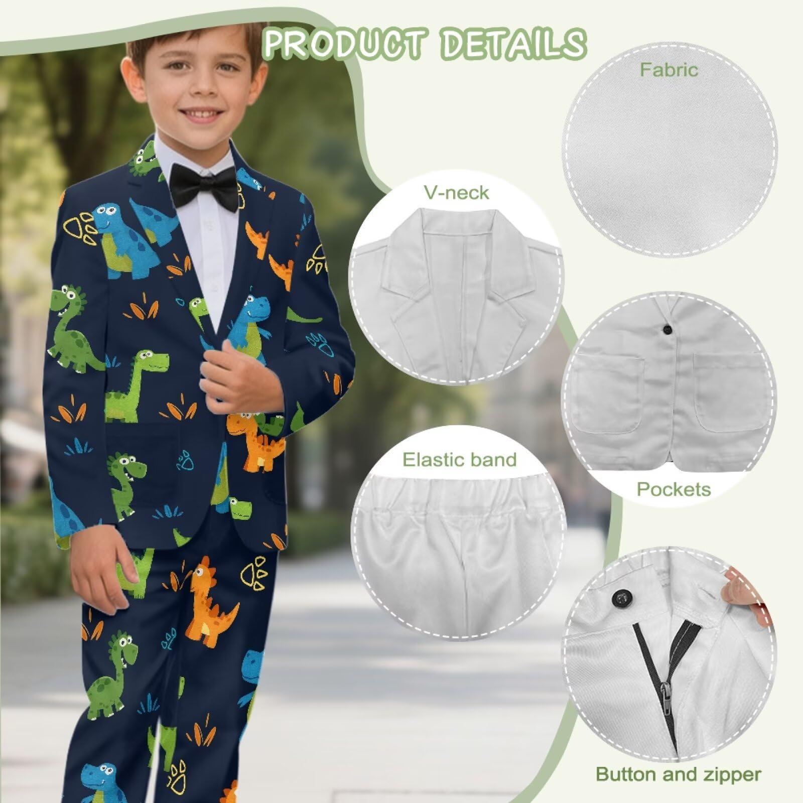 Biyejit 2-teiliges Anzug-Set für Jungen, mit einem Knopf, Blazer und Hose, lässige Smokingjacke, Alter 5–14 Jahre, Dinosaurier, 11-12 Jahre