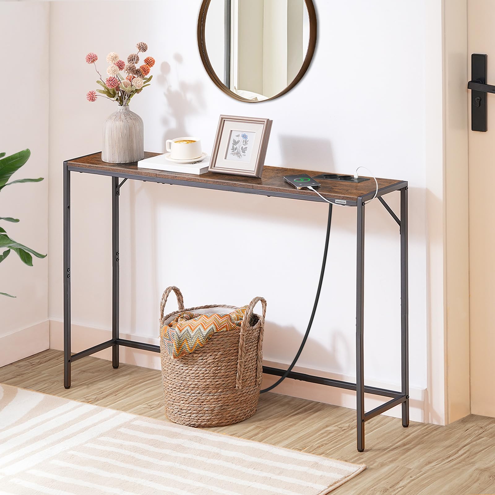 MAHANCRIS Mesa de Entrada y Sofá Estrecha, Consola Con Estructura Metálica, Estilo Minimalista para Salón, Pasillo, Entrada, Vestíbulo, Marrón ACTHR112UE01