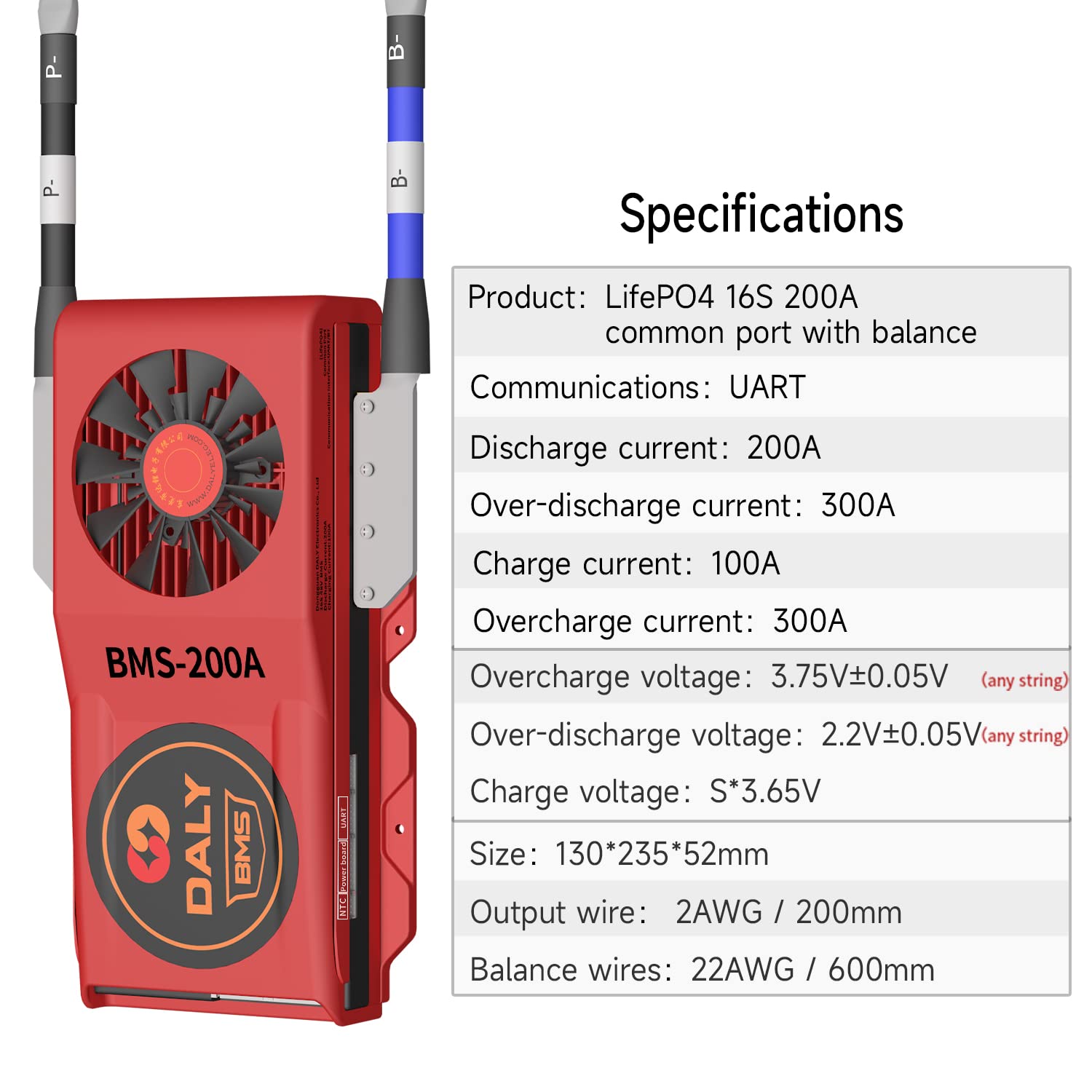 DALY Smart BMS LiFePO4 16S 48V Bluetooth Smart PCB Batterieschutzplatine Batteriemanagementsystem mit Ausgleichskabeln und drahtlosem Bluetooth-Modul für Lithium-Eisen-Phosphat(200A Fan)
