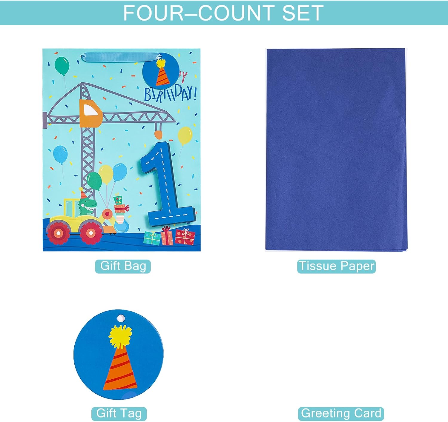 Loveinside Construction Truck Birthday Gift Bag for Boys, Blue Dinosaur, Number 1 and Happy Birthday Design with Tissue Paper, Tag, Greeting Card for Kids' 1st Party, 10" x 5" x 13", 1 Pcs