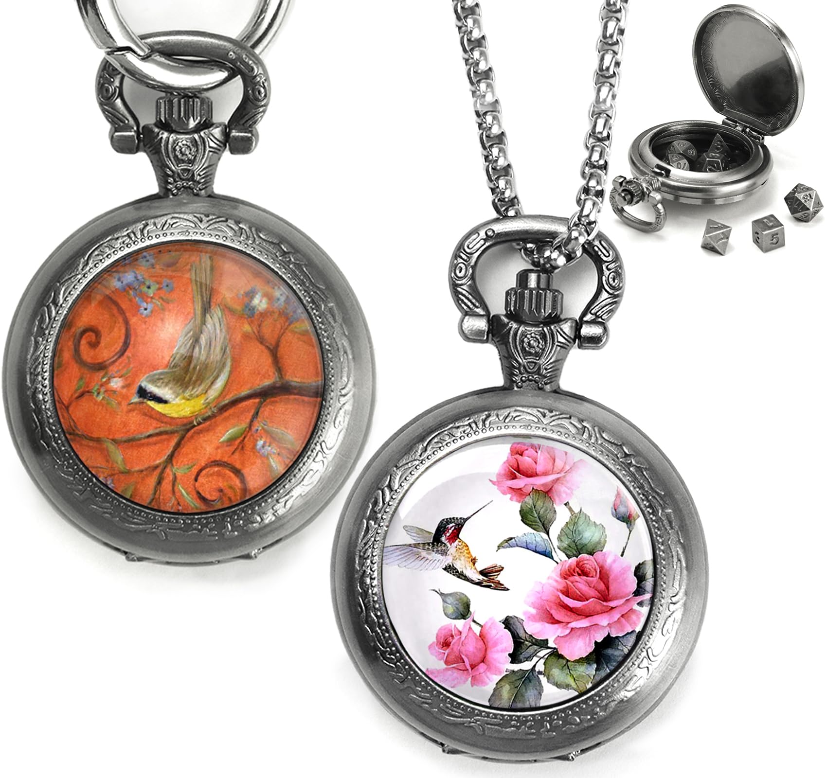 Mini DND Dice Set with Pocket Watch 2Pack, Small Metal Dice for Dungeons and Dragons/D&D Gifts, Tiny Dice Portable Necklace Keychain Dice Great RPG Accessories for Men Women Gamers(Flower & Bird-C)