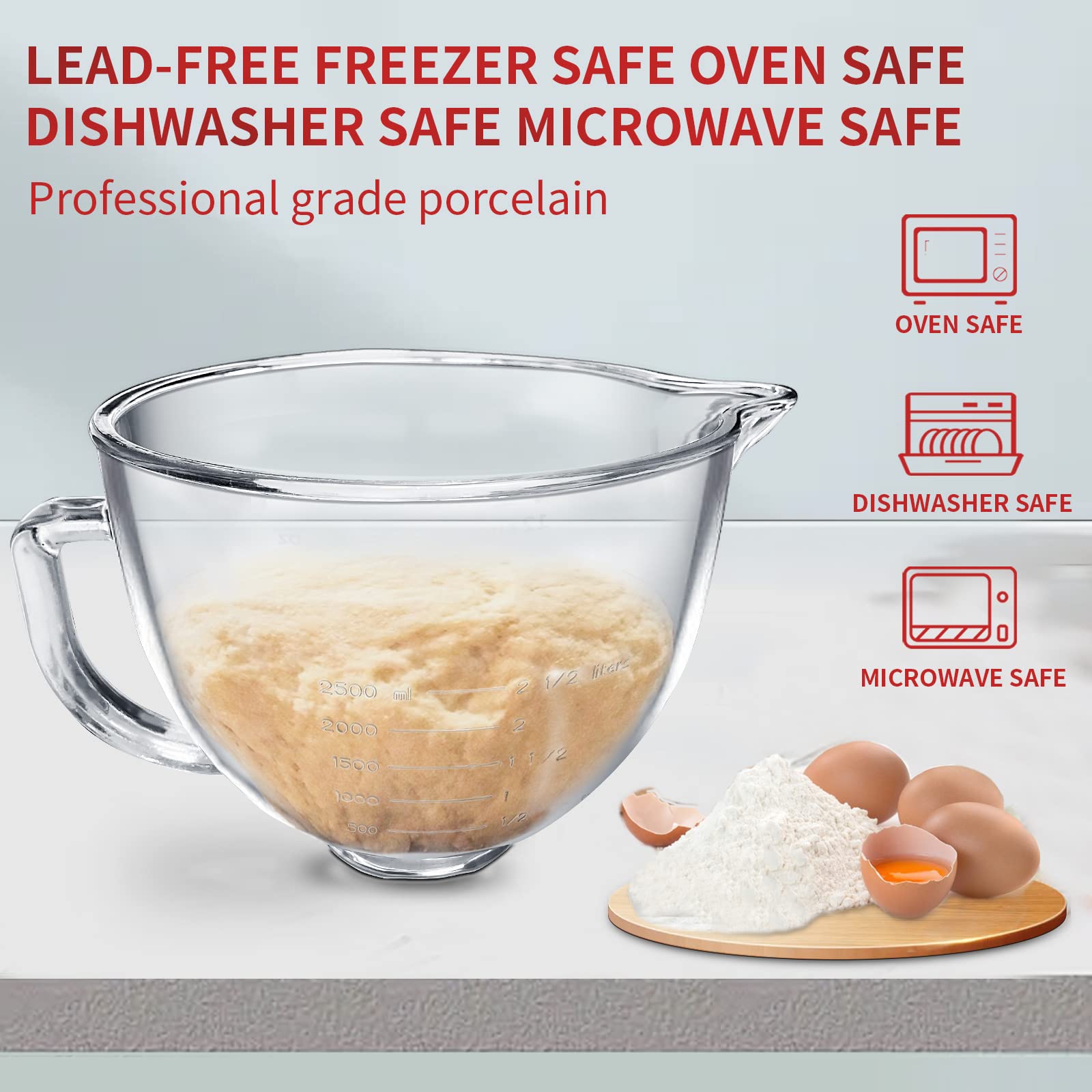 kitohonald Stand Mixer Glass Bowl, 5 QT,Compatible with Kitchenaid Artisan 5KSM125, 5KSM150, 5KSM175, 5KSM7580, KSM150, RRK150,K45, K45SS, KSM75, KSM90, KSM95, KSM100, KSM103, KSM110