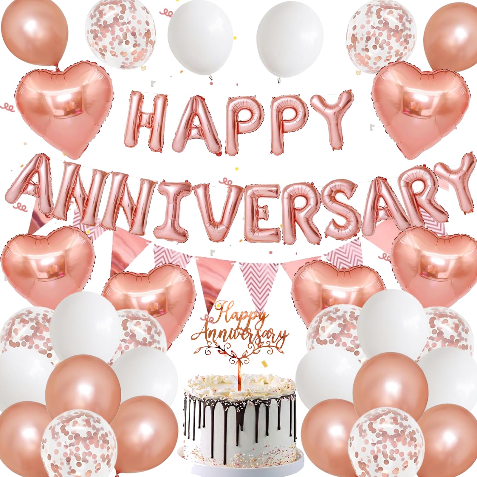 Happy Anniversary Decorations, 48Pcs Rose Gold Romantic Wedding Decoration Set including Heart Foil Balloon