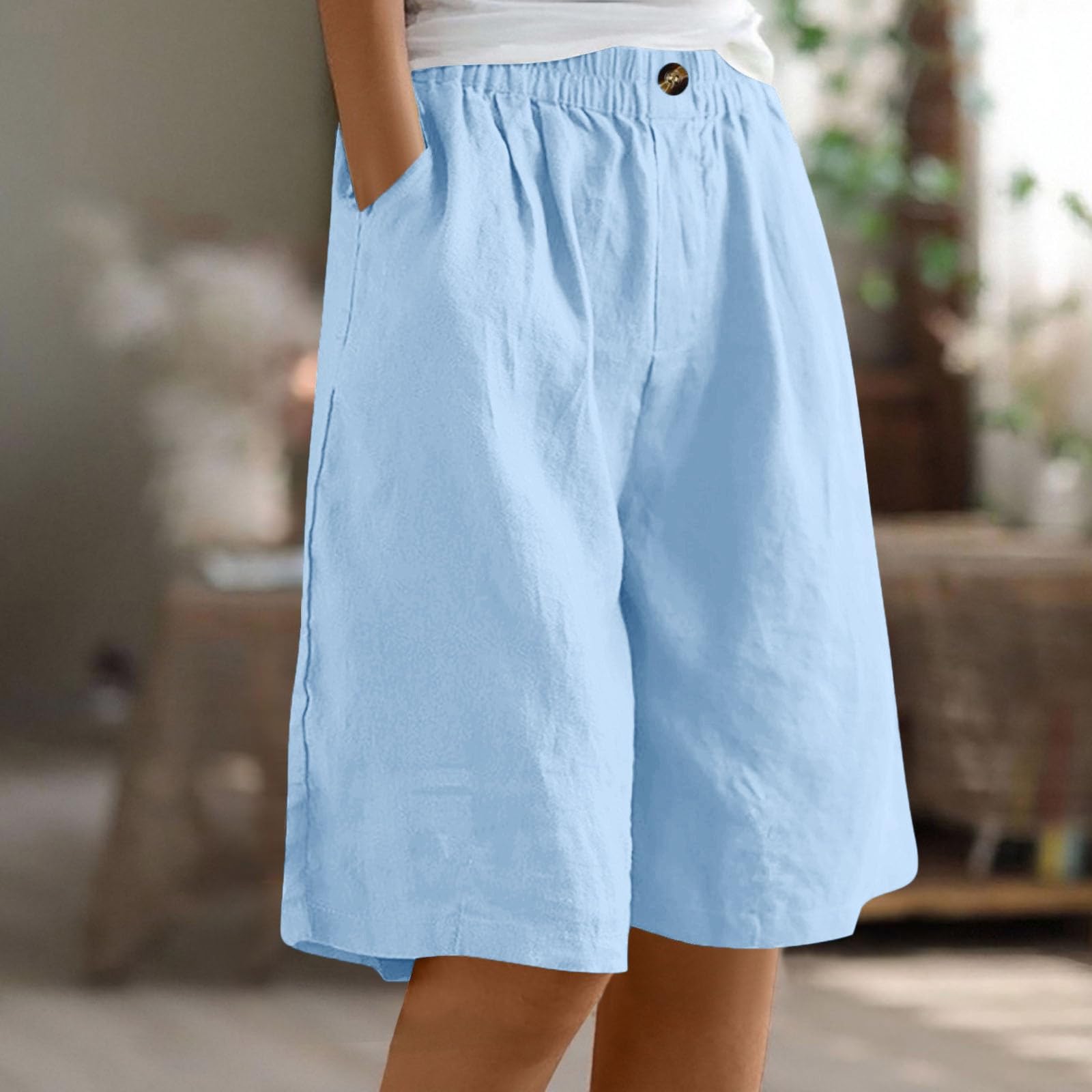 Pantaloncini Estivi da Donna, con Lunghezza al Ginocchio ed Elastico in Vita, Cotone e Lino, Elasticizzati, Stile Casual, per la Spiaggia Il Tempo Libero, Larghi, Taglie Forti