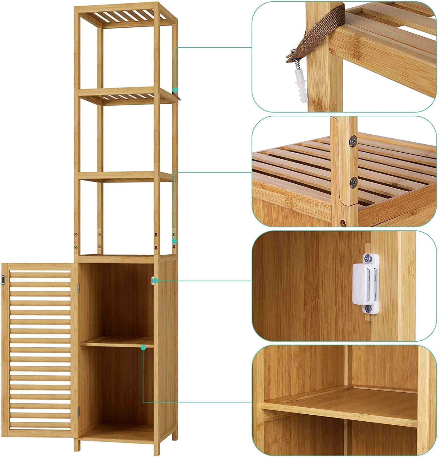 FOREHILL Mobile da Bagno Salvaspazio,Armadietto da Bagno a Colonna in bambù,Mobile da Terra a 3 Ripiani e 1 Ante,Mobiletto Autoportante da Angolo per Cucina Soggiorno 33x34x169cm