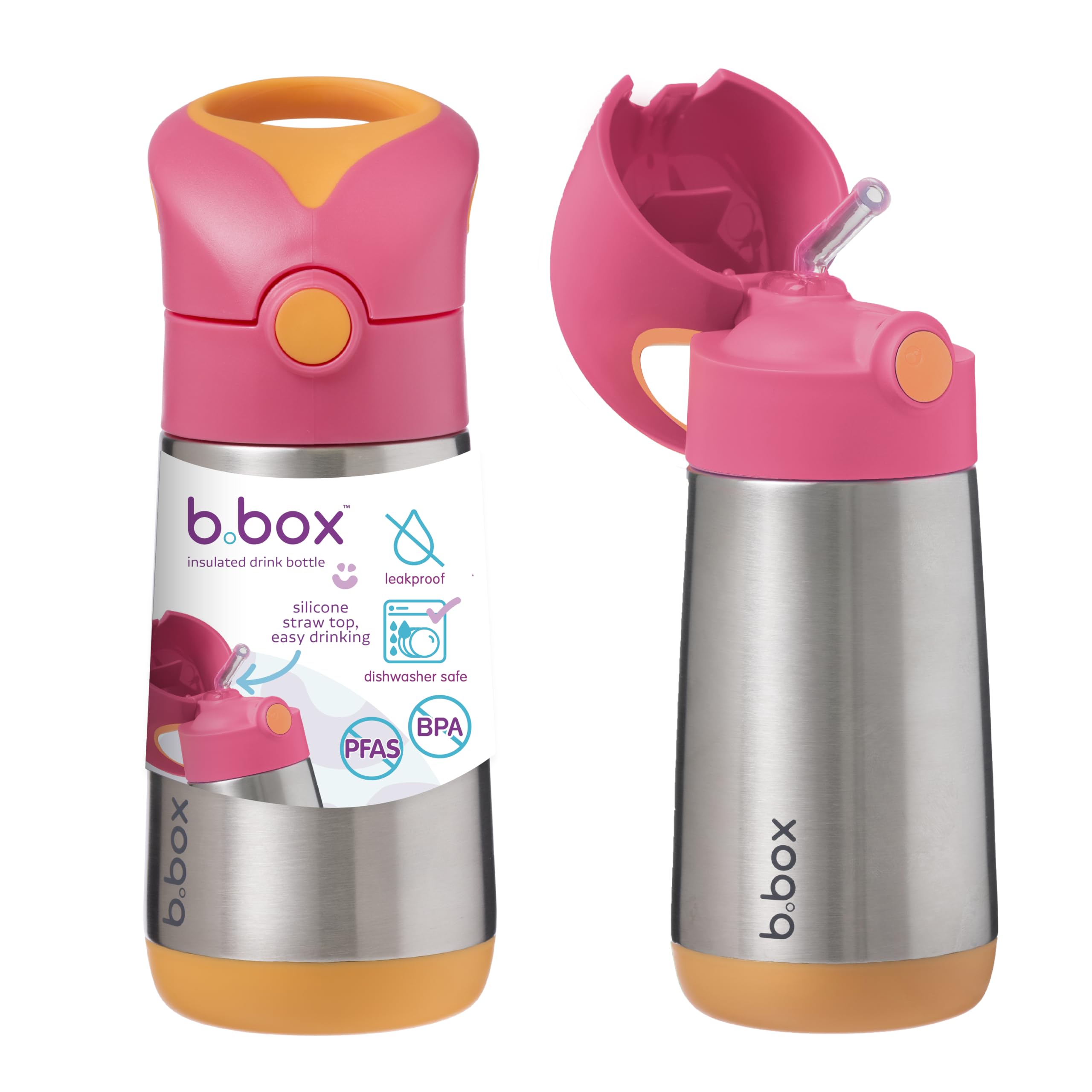 Photo 1 of b.box 12 oz Insulated Water Bottle: Keeps Drinks Cold up to 8 Hours, Warm up to 6 Hours. Double Wall Stainless Steel Bottle. (Strawberry Shake, 12 oz)