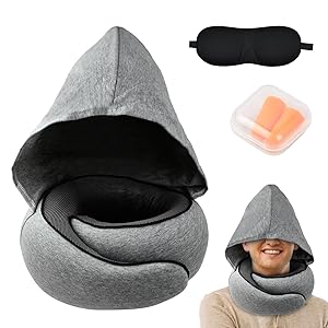 Focenat Focenat Almohada de Viaje para Cuello con Capucha, Máscara de Ojos, Tapones, Cojin de Viaje Cuello, Almohada Cuello Viscoelastica de Espuma Memoria para Oficina Avión Tren Coche