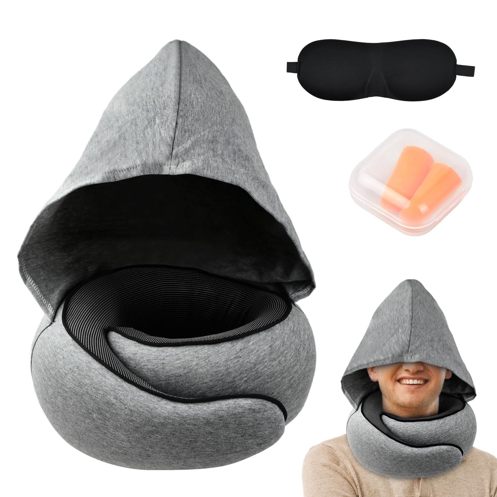 Nappy Cuscino Da Viaggio Cervicale Memory Foam Con Cappuccio E Tappi