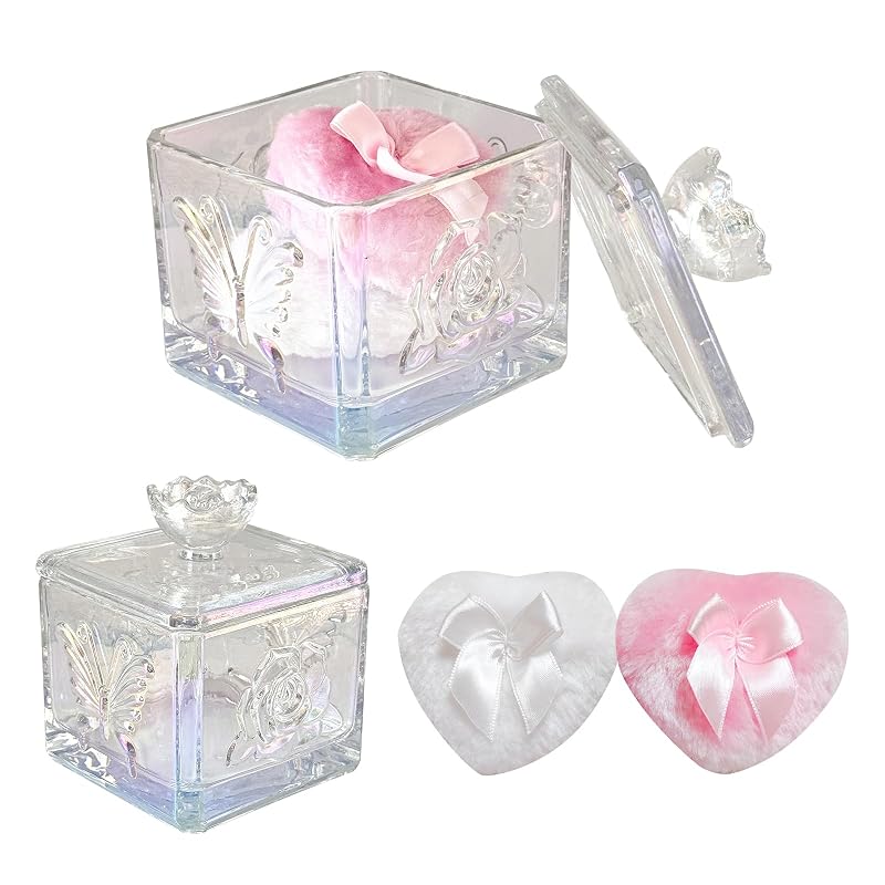 WHSLILR Porta-pó de vidro com 2 puffs, estampa de borboleta e rosa, GRB013-Multi