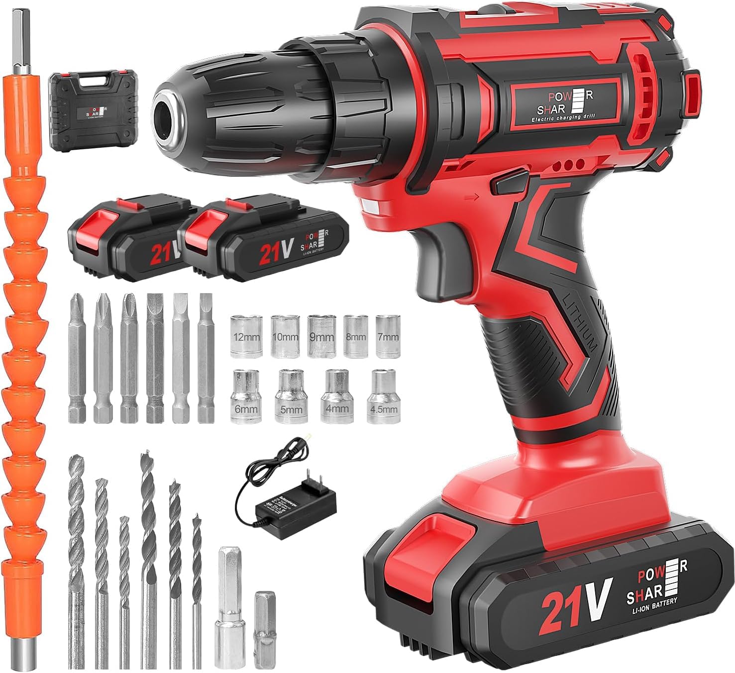 【2026年新型】電動ドライバー 21V 充電式 インパクトドライバー セット 電動ドリル 小型 コードレス 最大42N.m 25+3段階トルク調整 無段変速 1300mAhバッテリー2個付 LEDライト 二段階スピード調節 21点ビット ツールセット 穴あけ ネジ締め 初心者 DIY 家具組み立て ネジ締め 穴あけ 収納ケース 日本語説明書 (インパクト/マグネット付)
