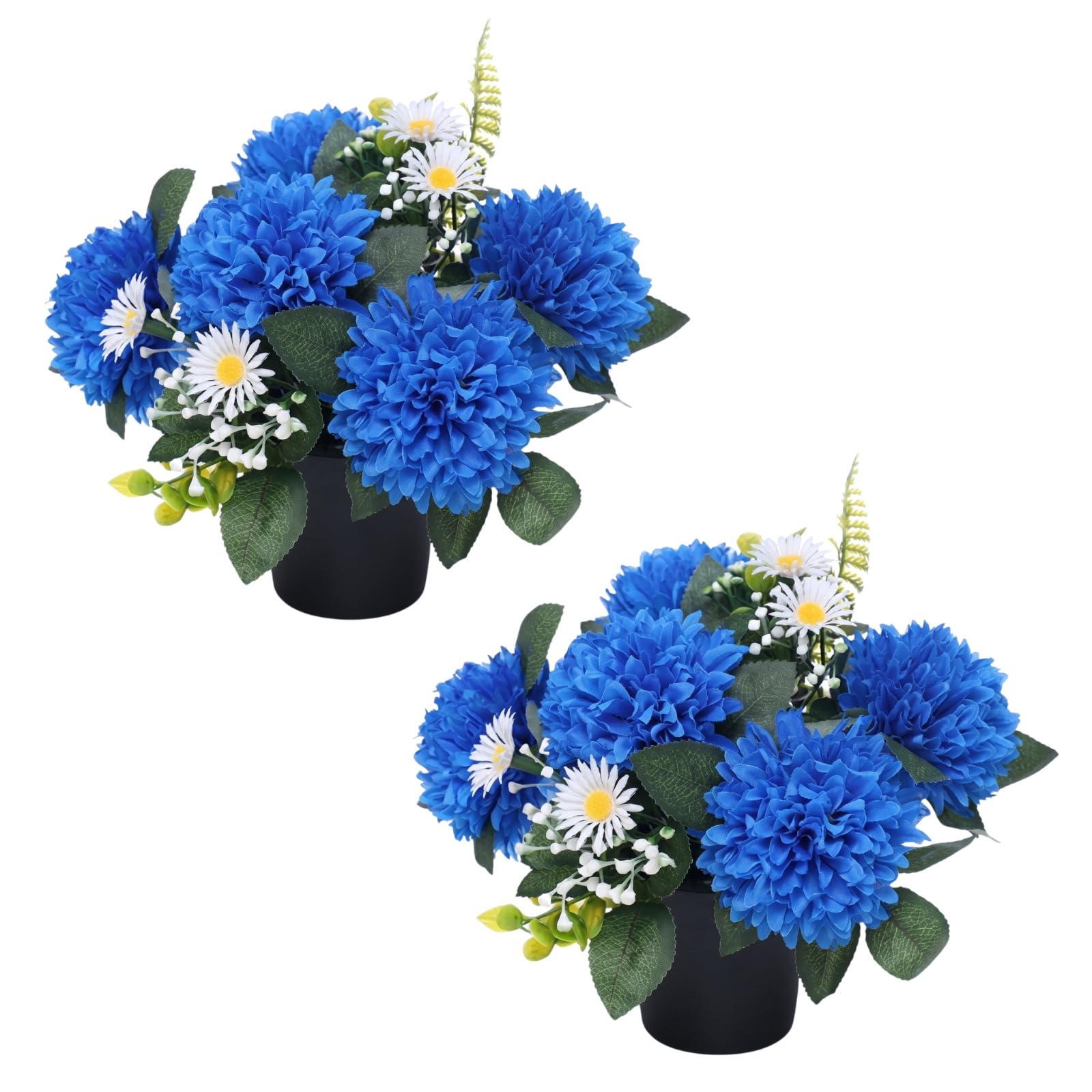 Homesecret Pack 2 Artificial Flowers for Graves in Pots 25cm | Blue Daises Grave Flower Pots for Christmas | Luxury Memorial Flowers for Graves, Funerals & Lasting Tributes | All Season Displays