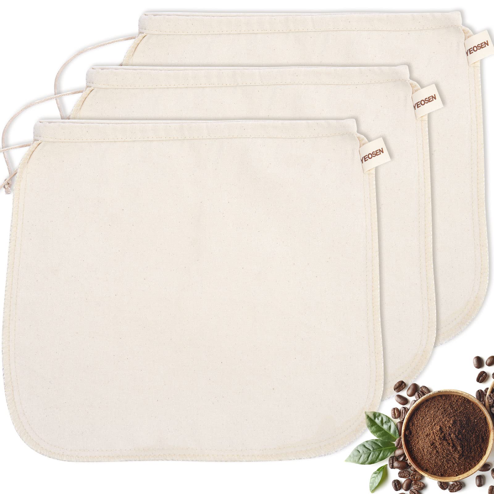 YEOSEN(3 Pack) Reusable Coffee Filters, Cold Brew Bags, Large 11.8 In x 11.8 In Cold Brew Filter, Super Durable Organic Natural Cotton Cold Brew Maker for Pitchers , Toddy Systems,Mason Jars