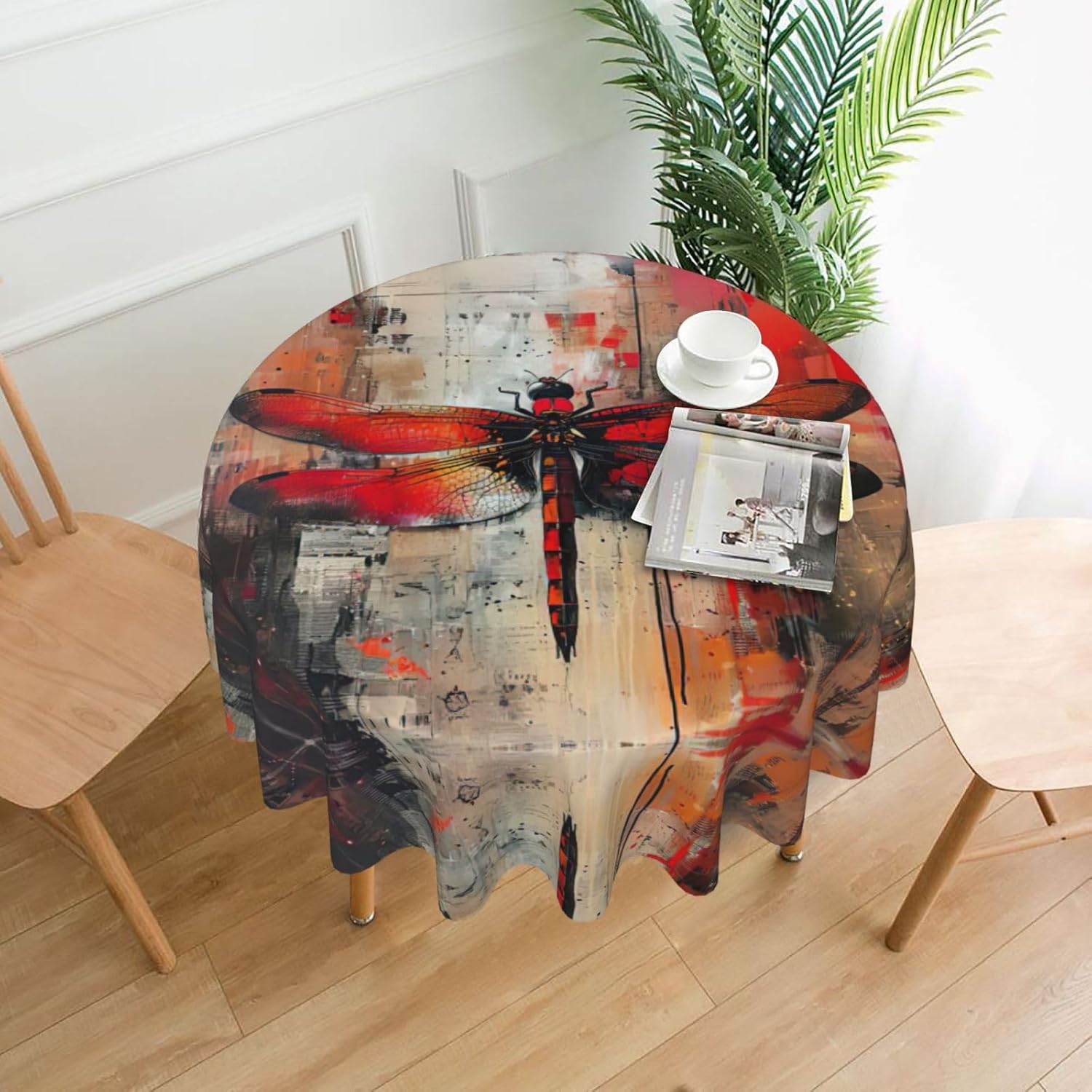 Abstract Red Dragonfly Print Wrinkle Free Dining Table Cover for Birthday Party Farmhouse Tablecloths Up to 60 x 60 Inches