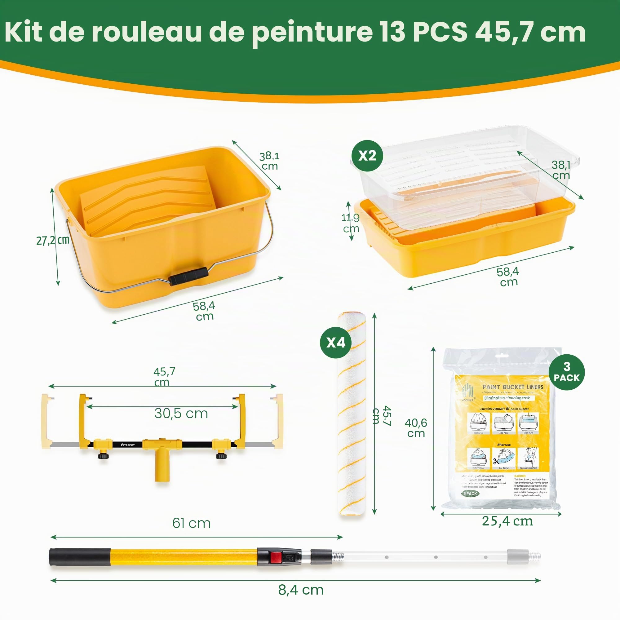 VOOMEY Kit de 13 rouleaux de peinture de 45,7 cm, seau de peinture de 45,7 cm et plateau de peinture, grand cadre de rouleau de peinture avec manche d'extension de 1 m, revêtement de bac à peinture