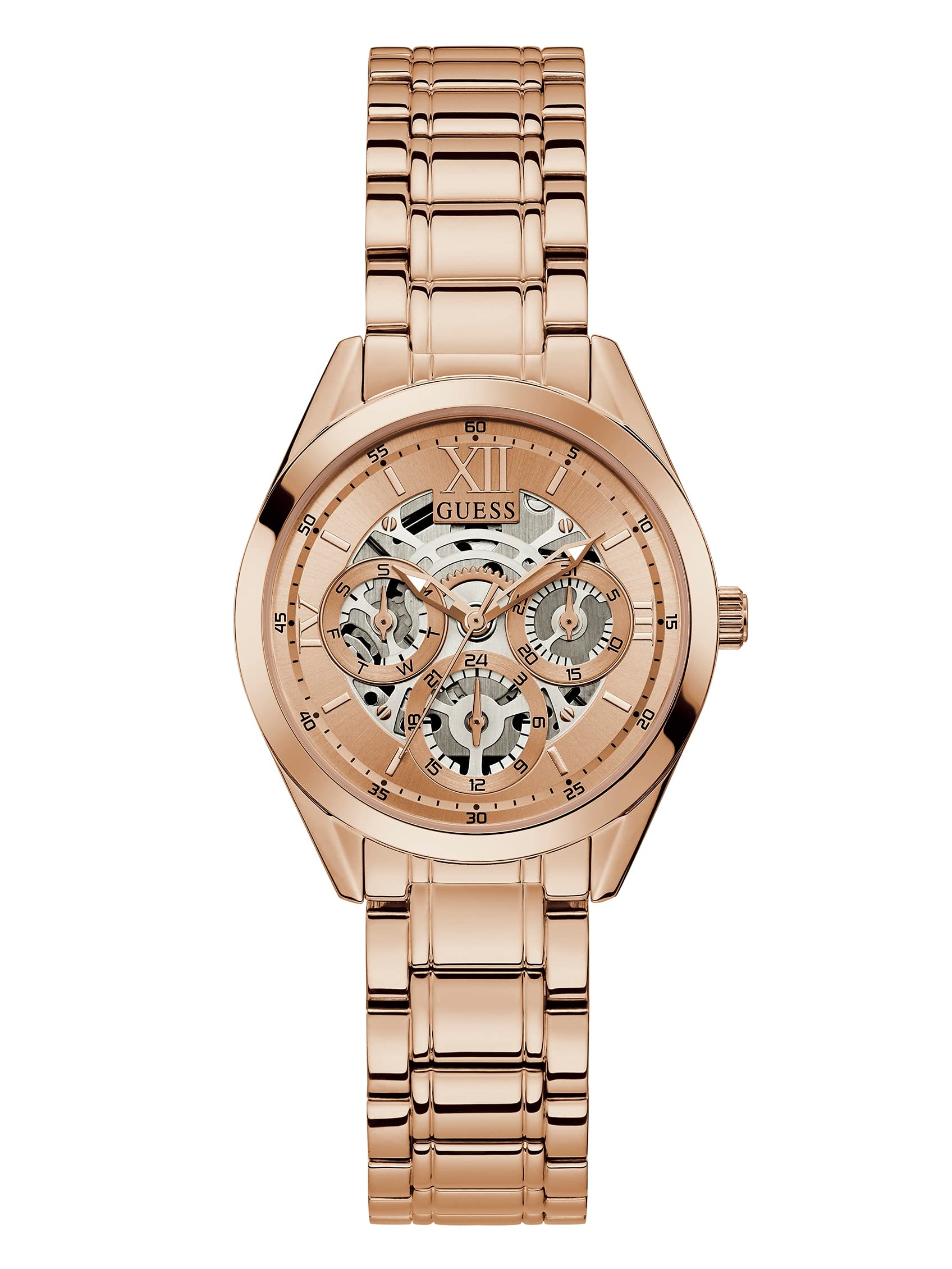 guess Stainless Steel Clear Cut Collection Multi-Function Womens Analog Rose Gold Dial Coloured Quartz Watch, Round Dial with 34.0 Mm Case Width - Gw0253L3-picture-20