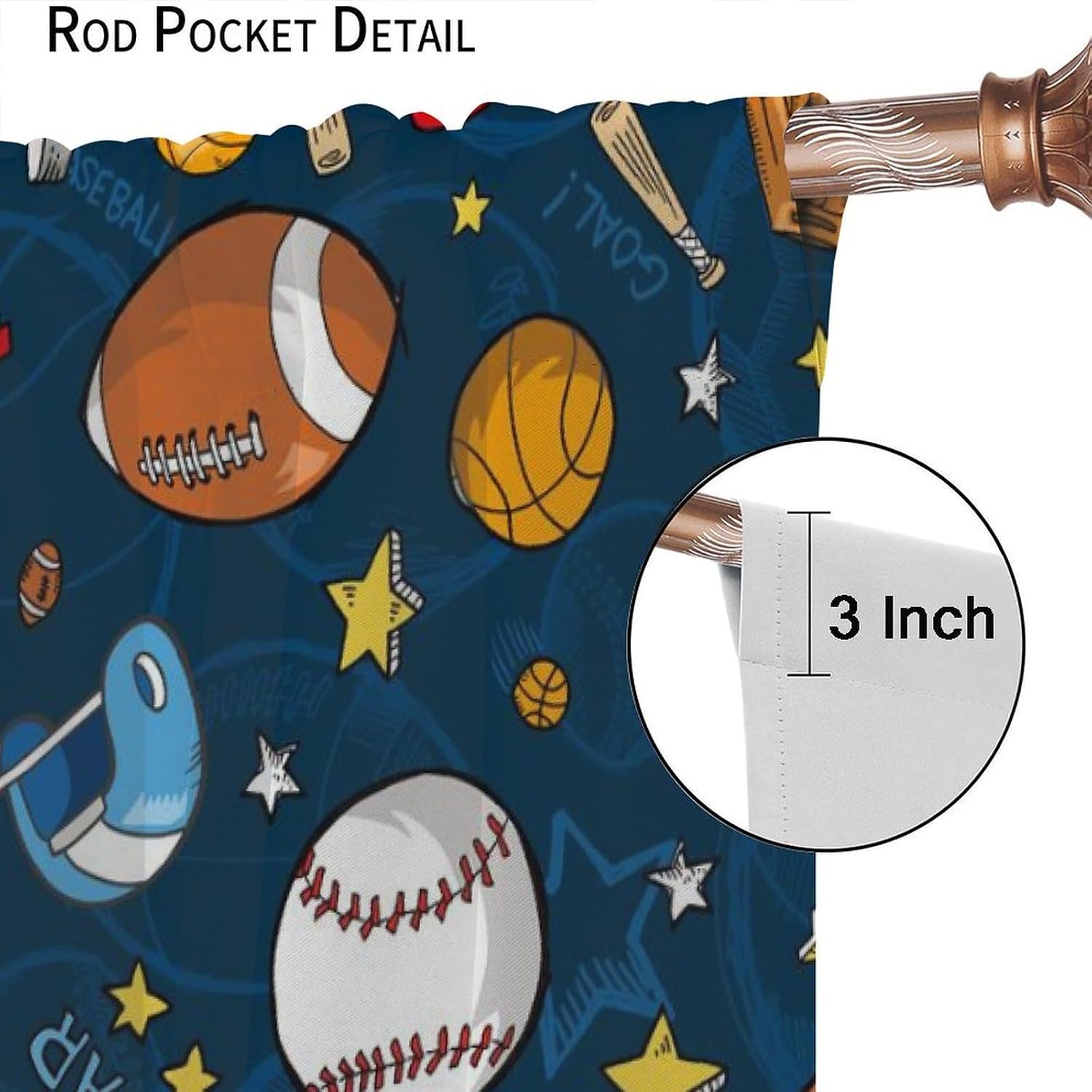 Sports Ball Kids Curtain, American Football and Basketball Blackout Curtains, Teens Basketball Blue Theme Window Treatments Drapes for Boys Girl Bedroom Kid Room Nursery Decor 42" W x 45" L