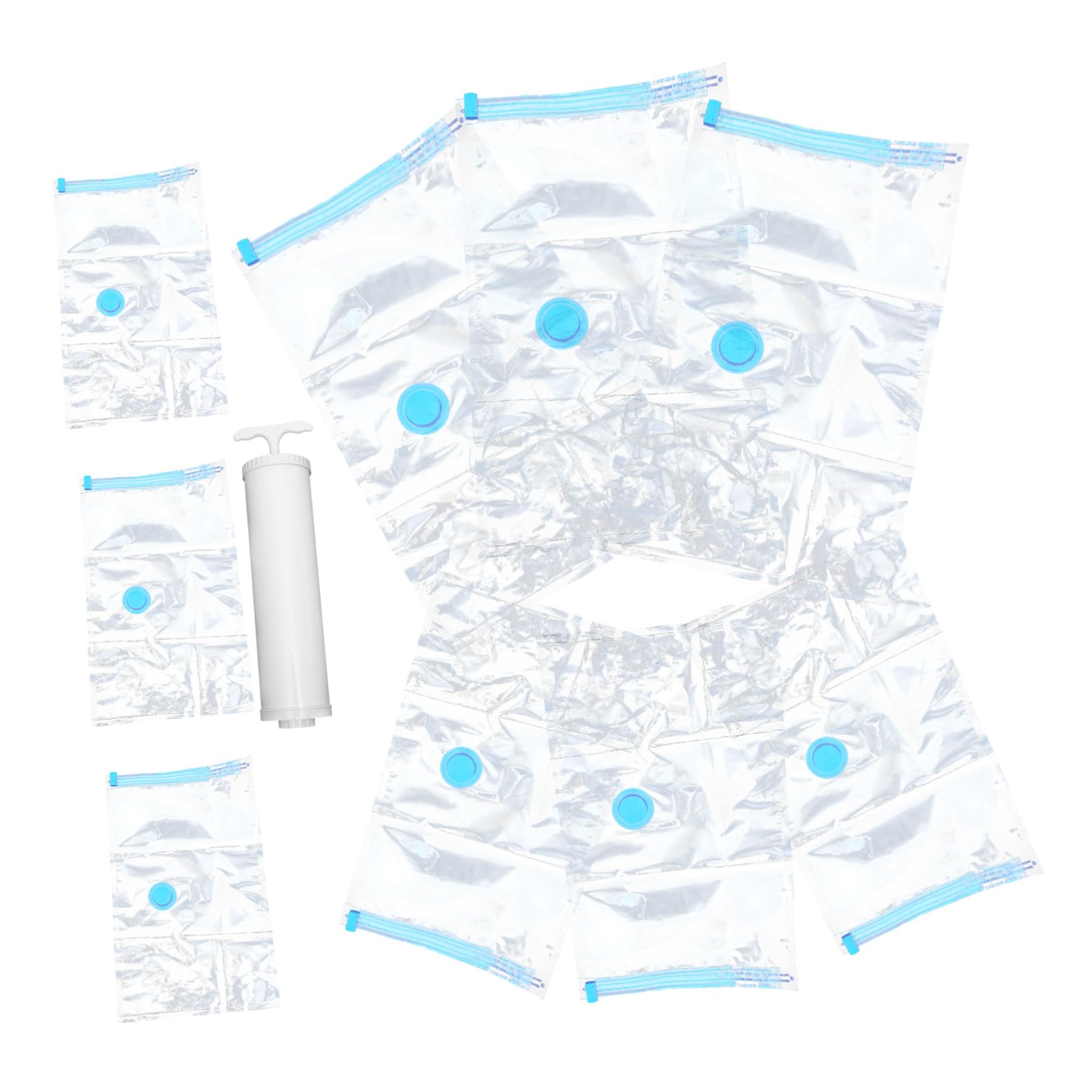 Sacchetti Sottovuoto da Viaggio 10 Pezzi Pompa Manuale | Pet e Pe, Tre Misure 30x50, 50x70, 70x100 Cm, Riutilizzabili, per Casa e Soggiorno