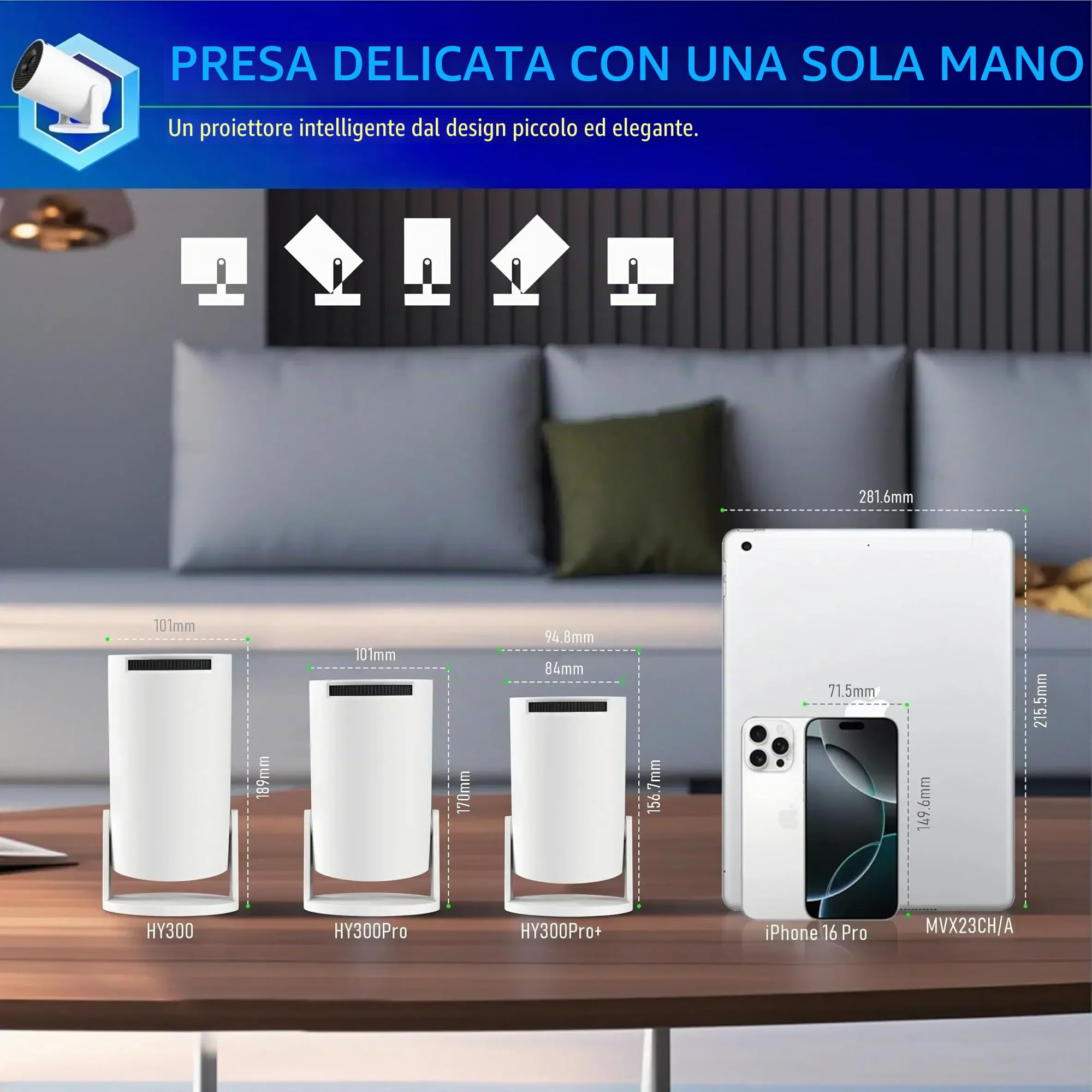 Mini Proiettore, Proiettore Portatile 4K, Upgraded Videoproiettore con Bluetooth 5.4 WiFi 6, Ruotabile 180°, Android 14, Correzione Trapezoidale Projector Compatibile iPhone/Android/PC (Bianco)
