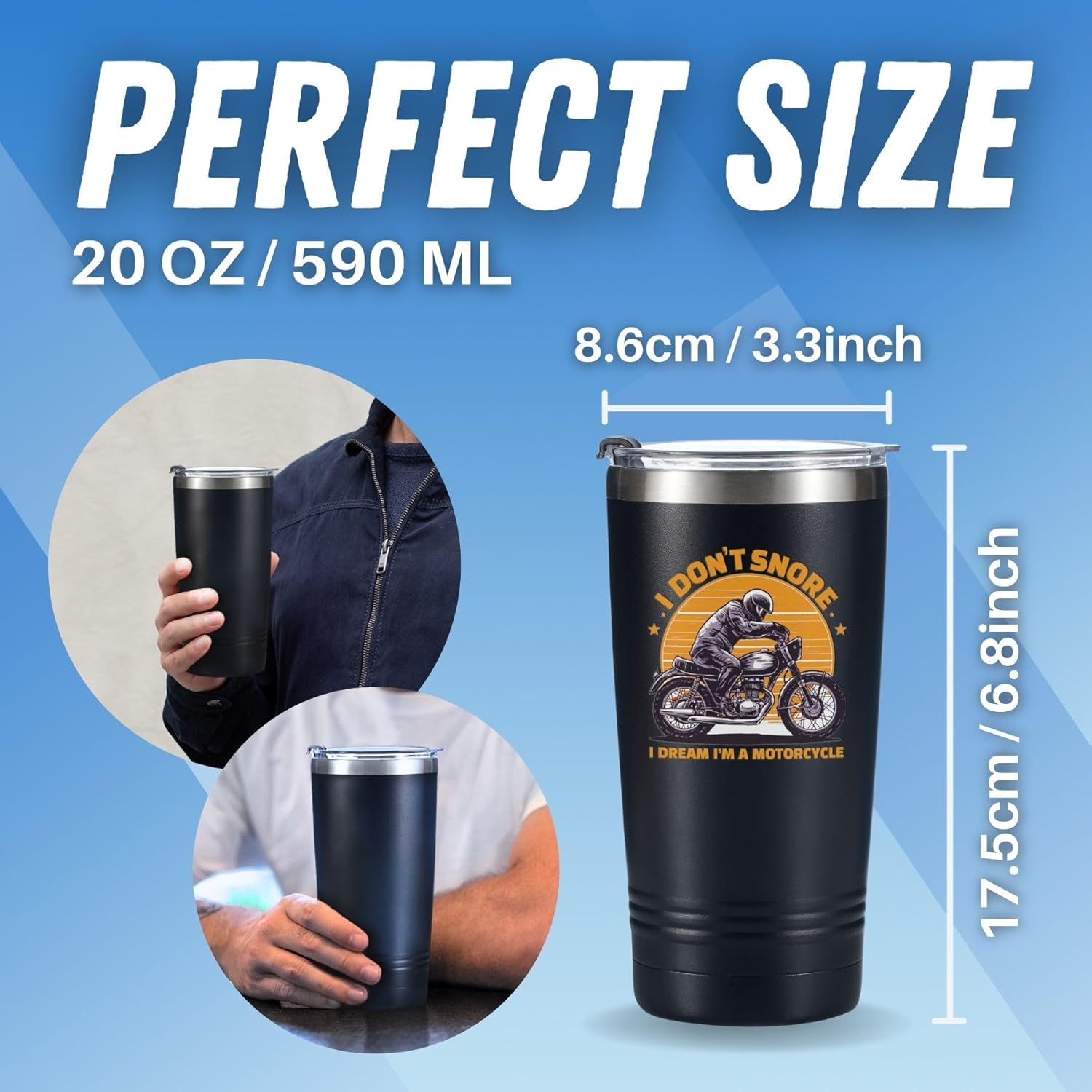 Onebttl Motorcycle Gifts for Men, I Don't Snore I Dream I'm a Motorcycle, Tumbler Travel Coffee Mug, Dad Grandpa Biker Rider, Stainless Steel 20oz/590ml - Design D - Image 6
