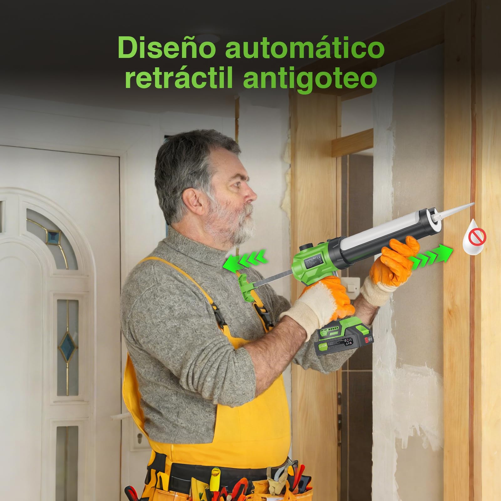 Pistola de cartuchos eléctrica con luz LED, regulación de velocidad continua, con dos baterías, para cartuchos de 280 ml-330 ml