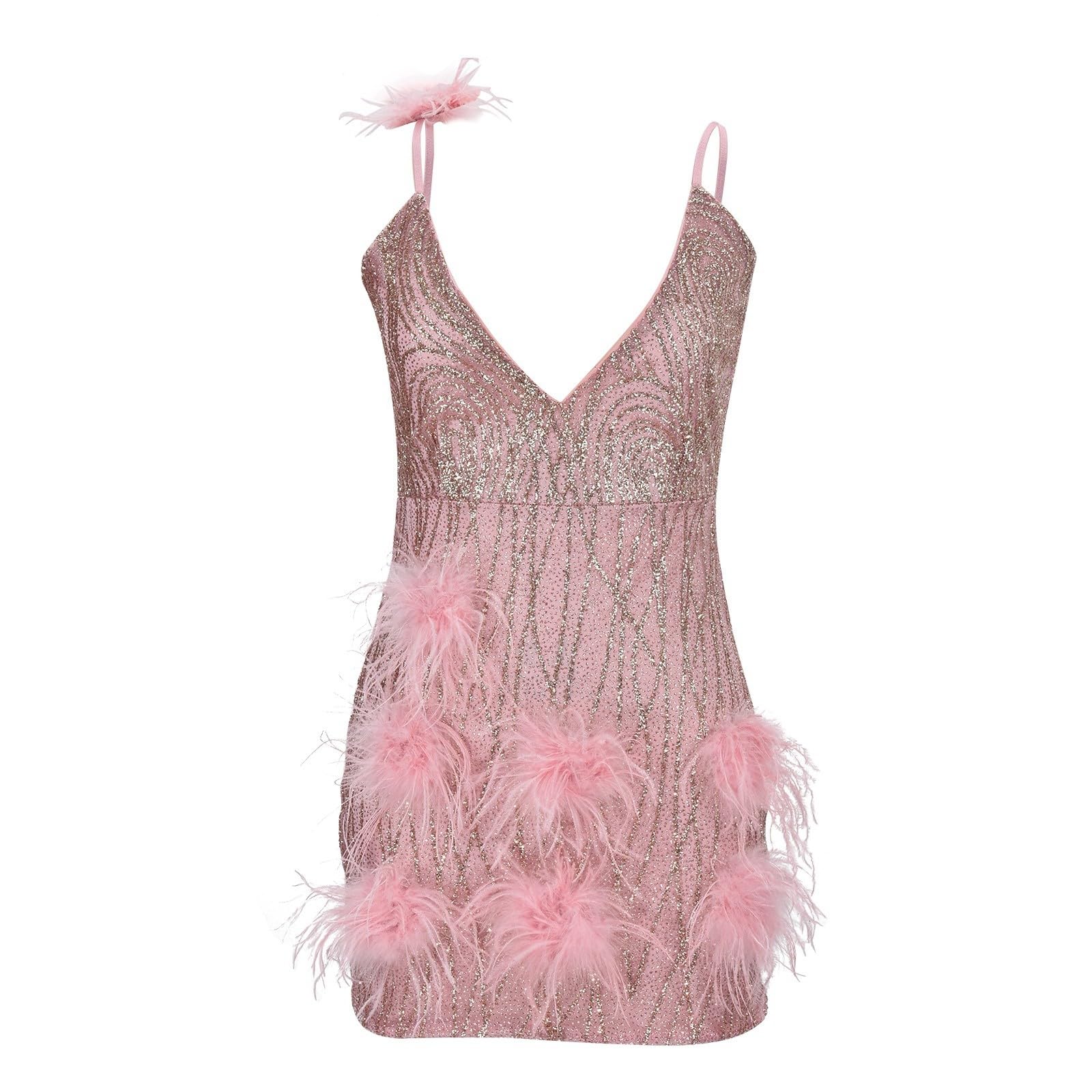 Abito da festa da donna con piume, sexy, abito da ballo, corto, con scollo a V, abito da cocktail da donna, elegante, con temperamento radioso, da donna, slim fit, mini abito a tunica