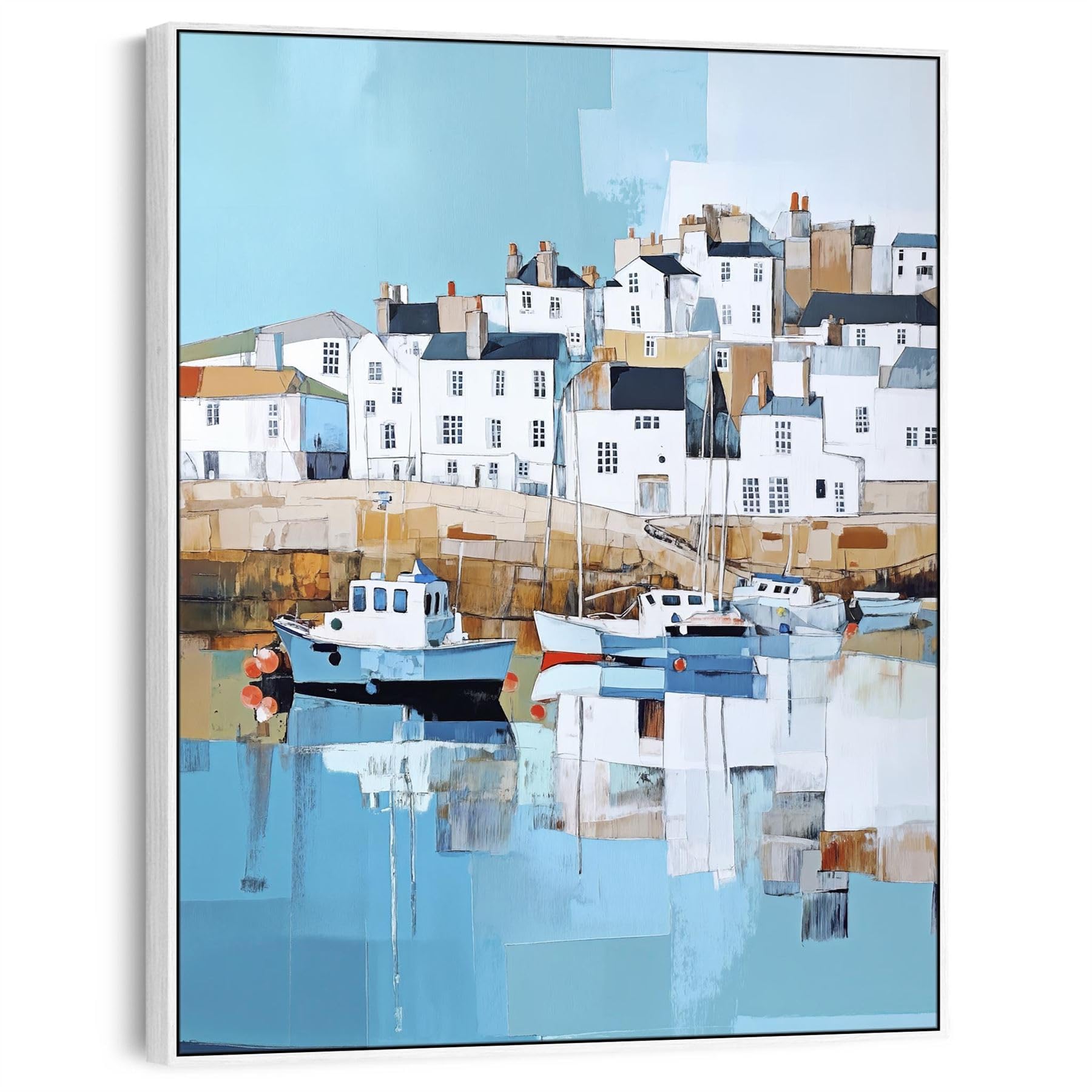 Wallfillers Coastal Harbour Framed Artwork Print on Canvas - Reflections 1 (69cm x 84cm)
