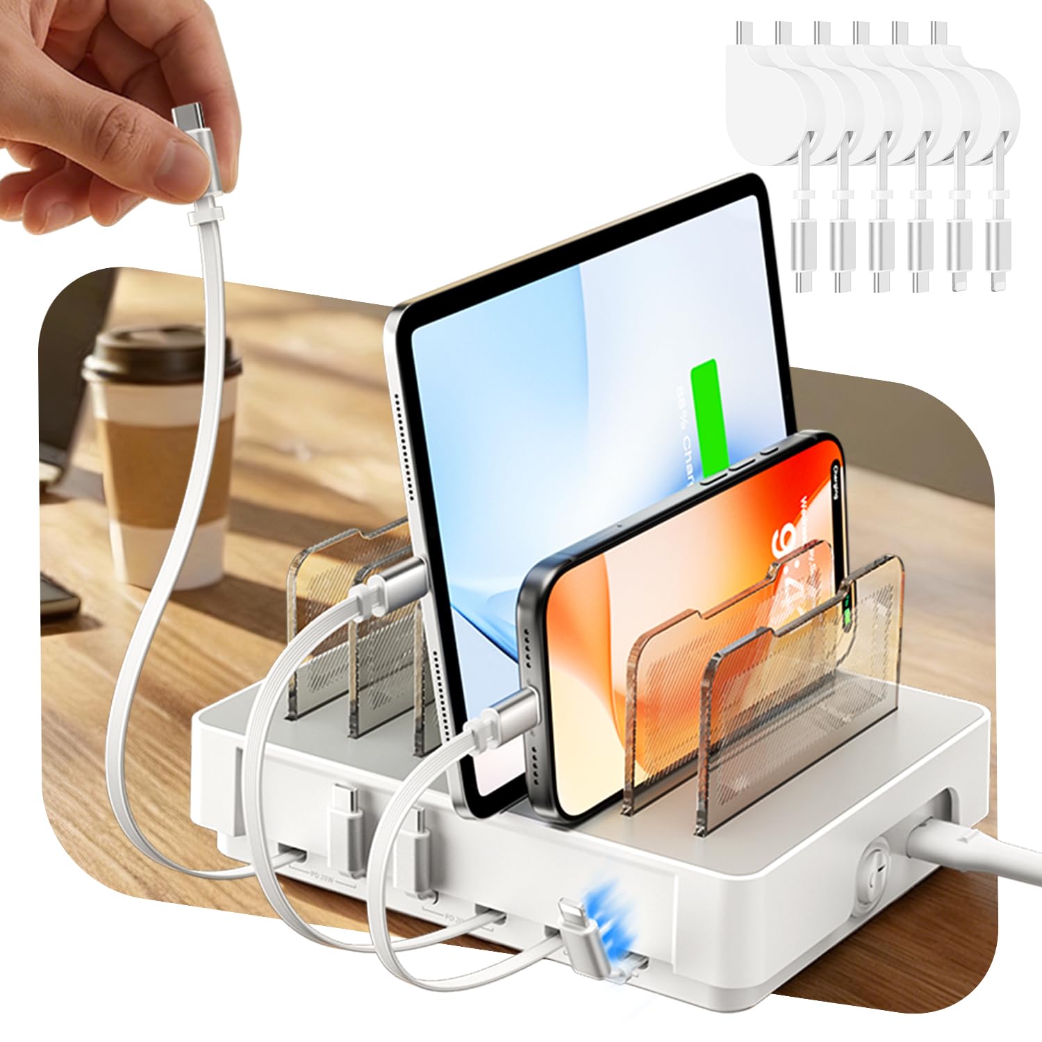 Photo 1 of SooPii HomeHub H1 Charging Station for multiple devices,Upgraded 6-Port Desktop Fast Charger with 6 Retractable Cables?4*C+2*iP?,60W PD charger station for iPhone/Tablet,Tangle-Free Charging Organizer