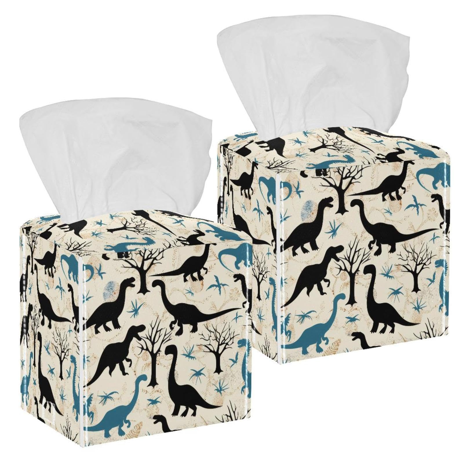 Dinosaurs Silhouettes Tissue Box Cover, 2 Pack PU Leather Square Facial Tissue Dispenser Box holder for Home Office Car