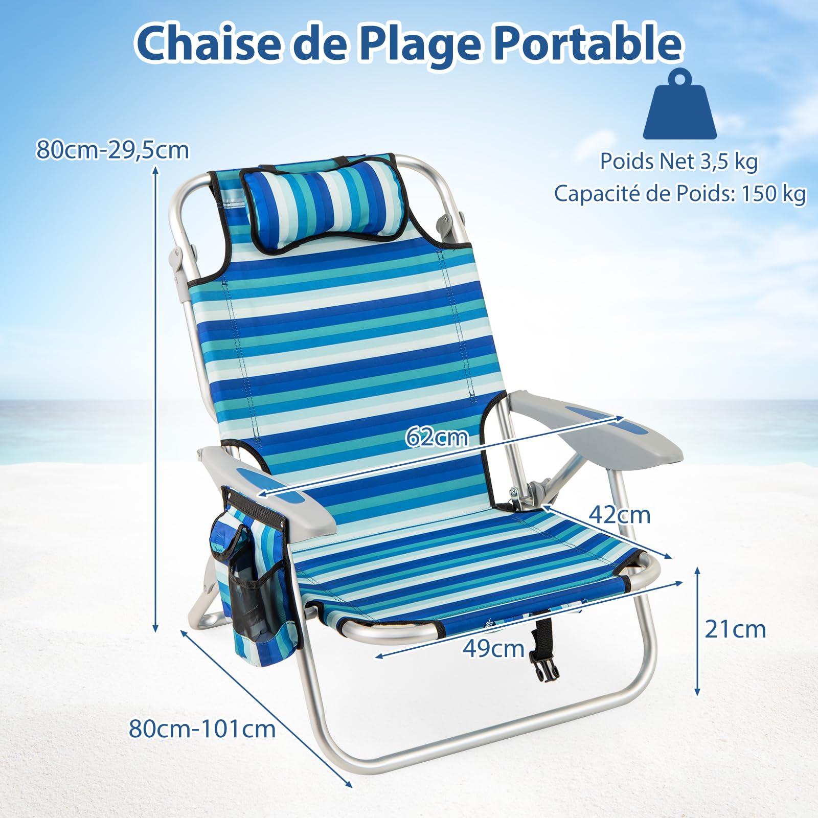 COSTWAY Chaise Longue Pliante, Chaise de Plage en 4 Positions, Appui-tête, Porte-Serviette, Sac Isotherme, Poches, Poignée de Transport, Fauteuil pour Jardin Camping Piscine, Charge 150 kg (2)