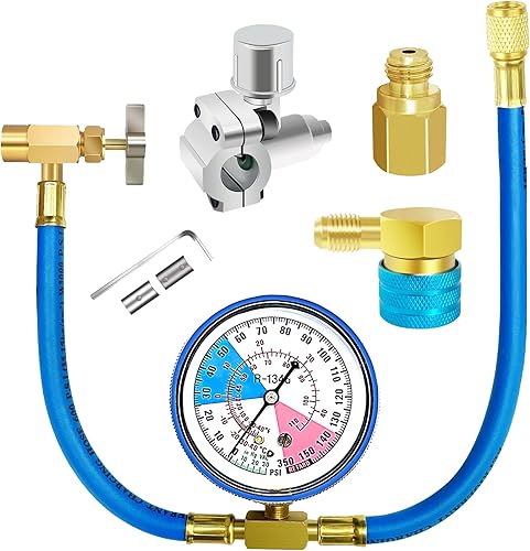 R134a Kit de manguera de carga para refrigerador, kit de manguera de recarga de CA para refrigerador con 1 paquete de válvula de grifo perforadora