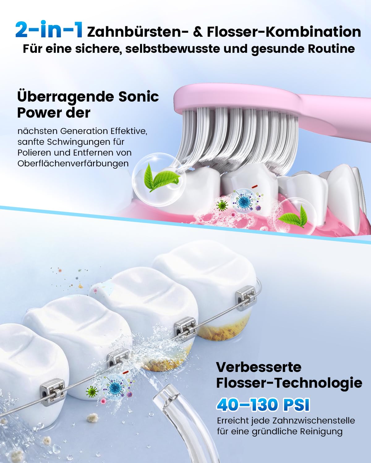 JTF Cepillo de Dientes Eléctrico y Irrigador Bucal 2-en-1 – Kit de Higiene Bucal Portátil para una Limpieza Eficaz y Suave, Múltiples Modos para Brackets y Encías Sensibles, Inalámbrico(Rosa)
