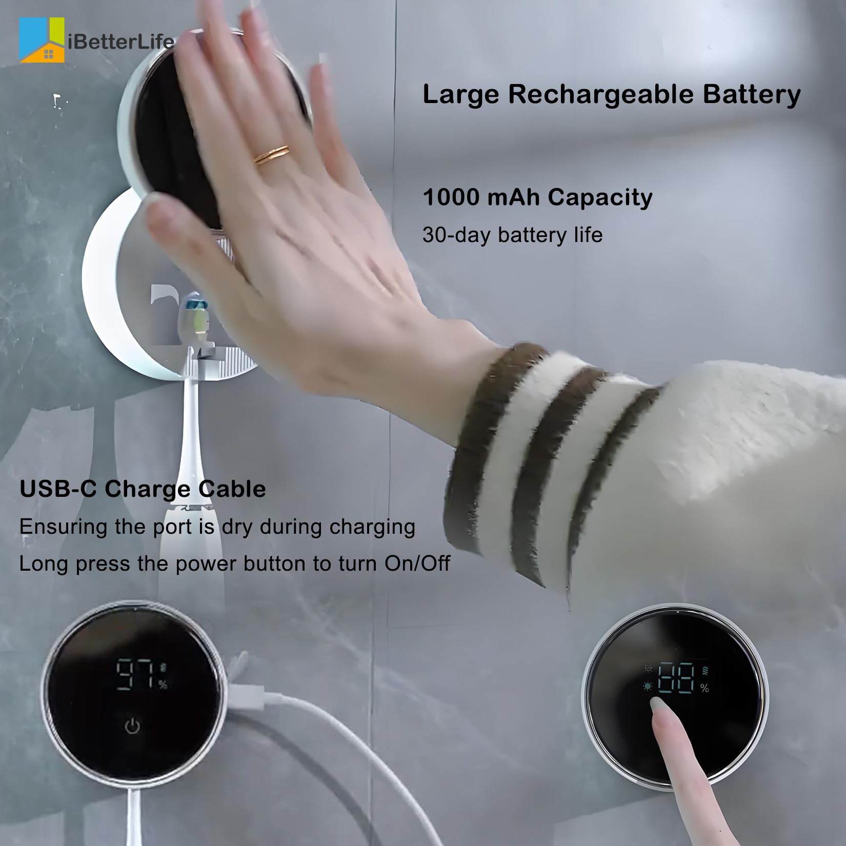 iBetterLife - Soporte para Cepillo de Dientes eléctrico Recargable montado en la Pared, Limpieza y Secado al Aire con Sensor automático Inteligente, Cubierta LED de Apertura/Cierre para el hogar,